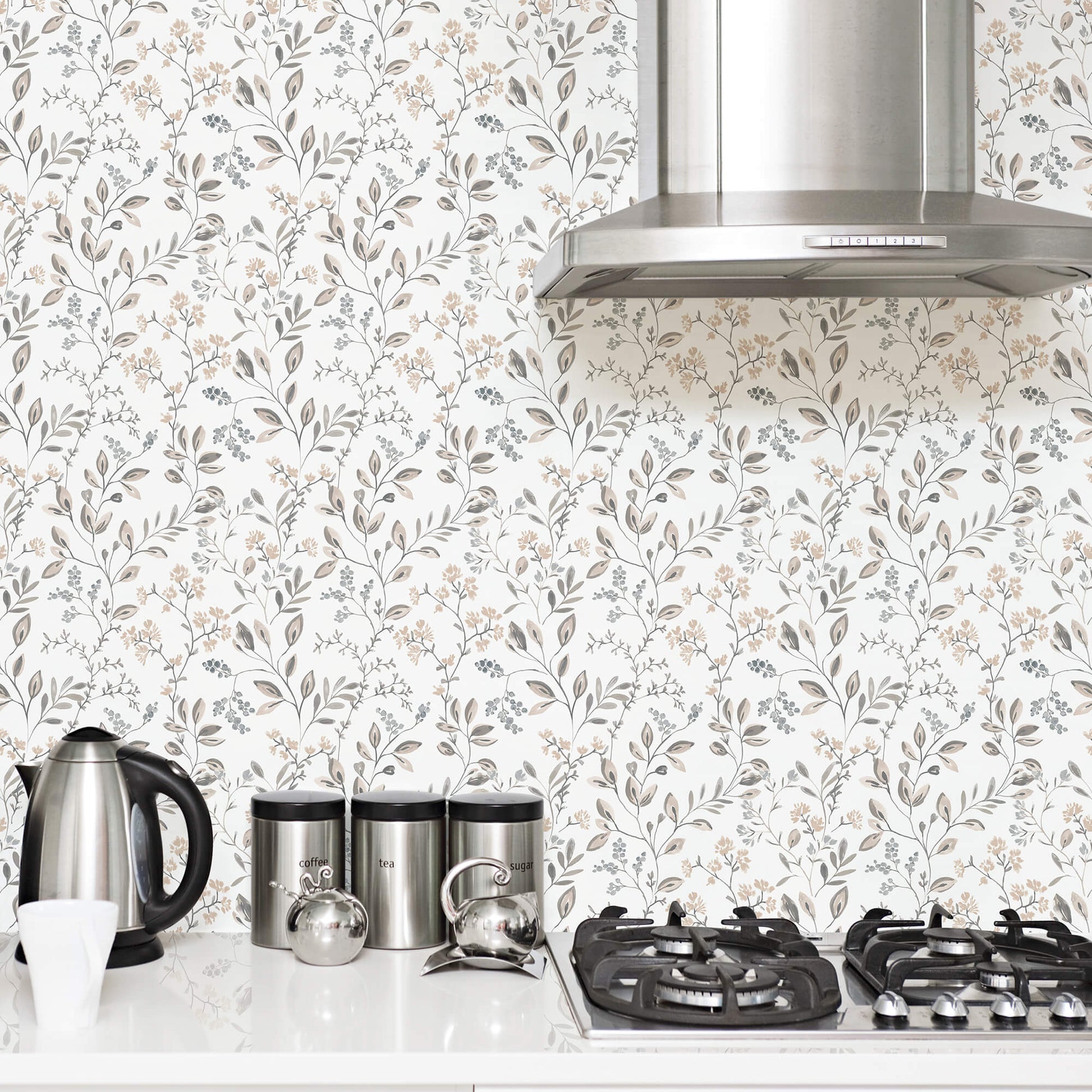 Spring Leaf Trail Grey/Beige Wallpaper from the Just Kitchens Collection by Galerie Wallcoverings