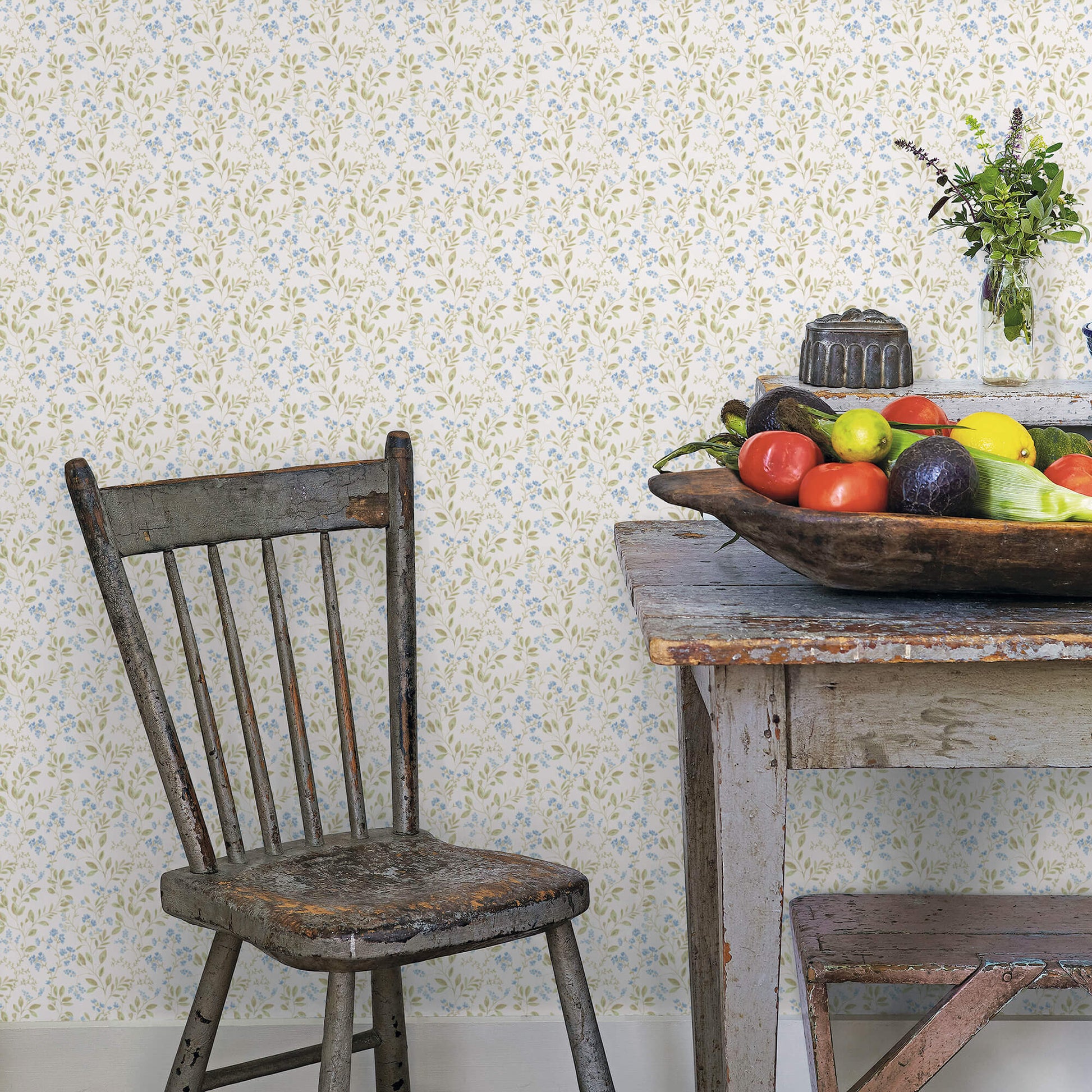 Spring leaf trail Blue/Green Wallpaper from the Just Kitchens Collection by Galerie Wallcoverings