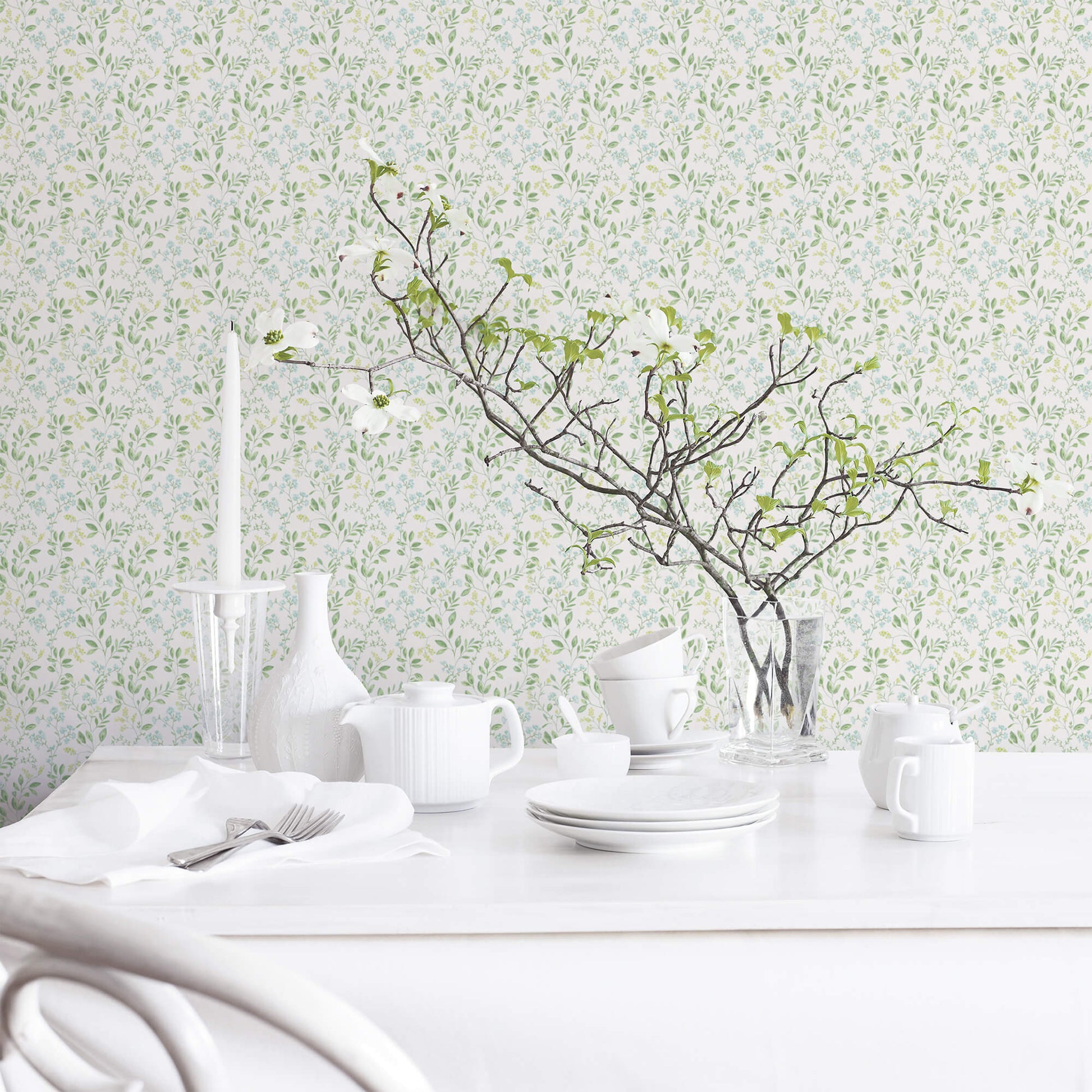 Spring Leaf Trail Green/Blue Wallpaper from the Just Kitchens Collection by Galerie Wallcoverings