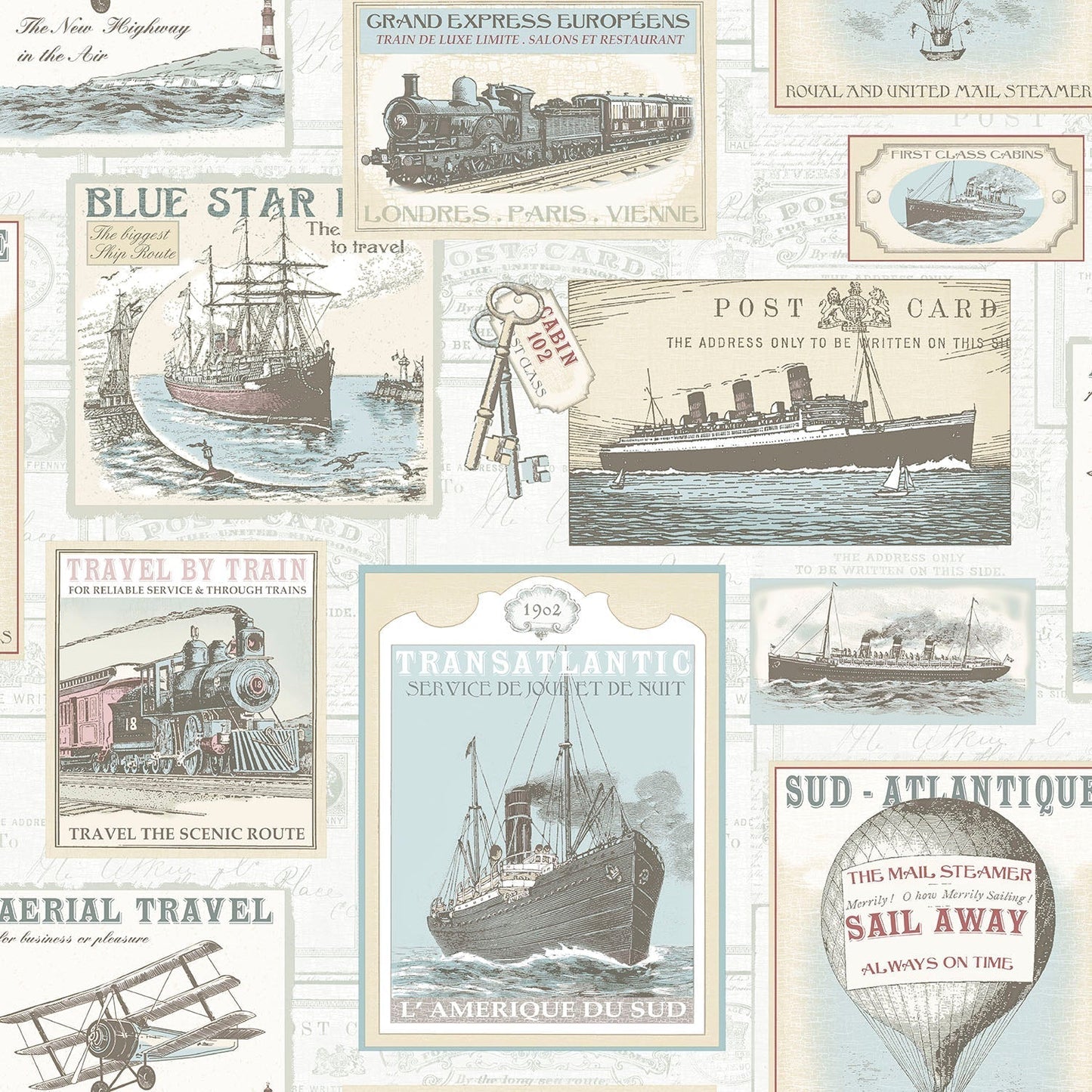 sample travel beige blue wallpaper from the nostalgie collection by galerie wallcoverings 1