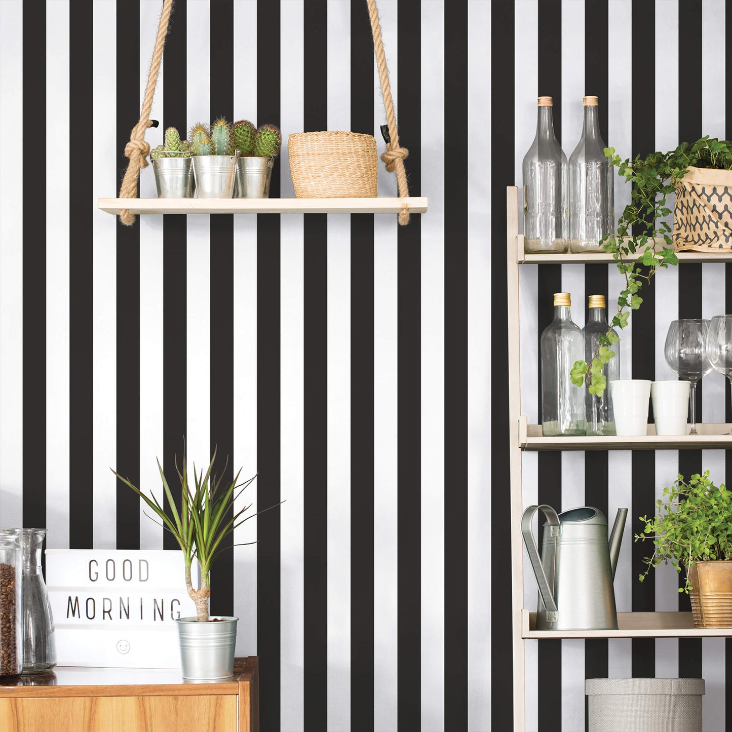 Awning Stripe Black Wallpaper from the Just Kitchens Collection by Galerie Wallcoverings