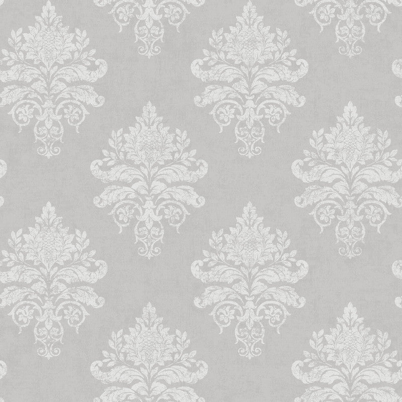 Sample Medallion Damask Wallpaper in Silver Grey/White