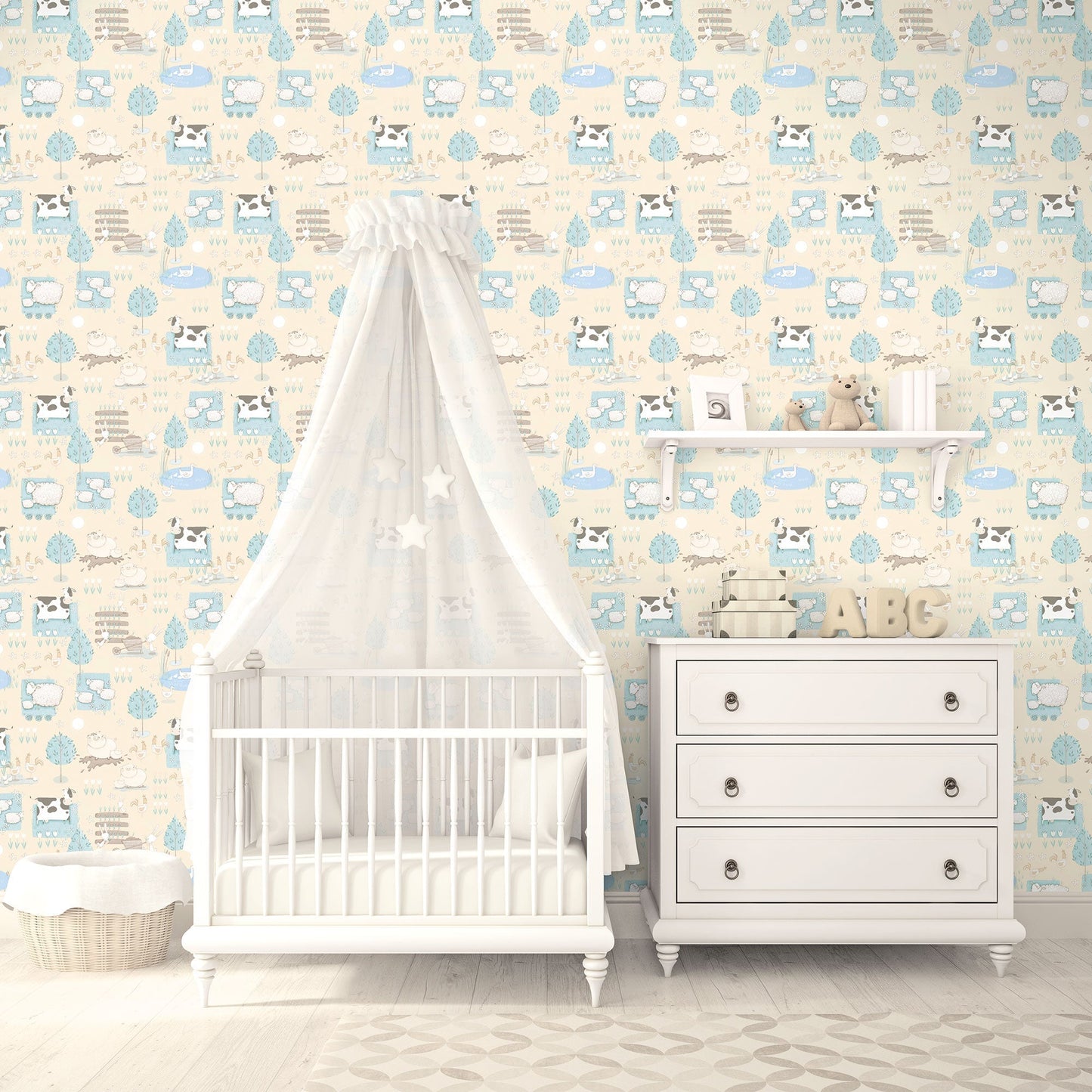 Farmland Beige/Turquoise Wallpaper from the Tiny Tots 2 Collection by Galerie Wallcoverings