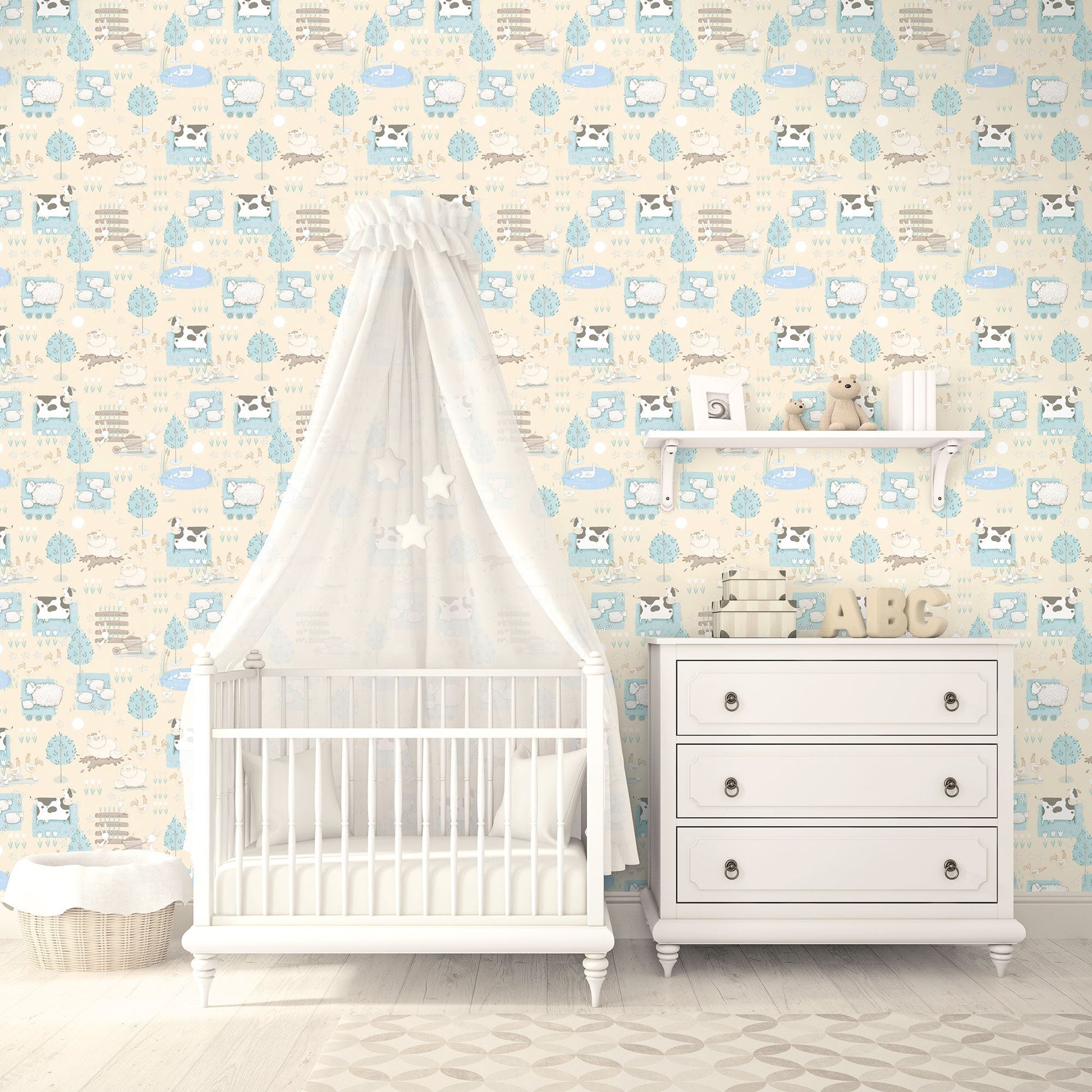 Farmland Beige/Turquoise Wallpaper from the Tiny Tots 2 Collection by Galerie Wallcoverings