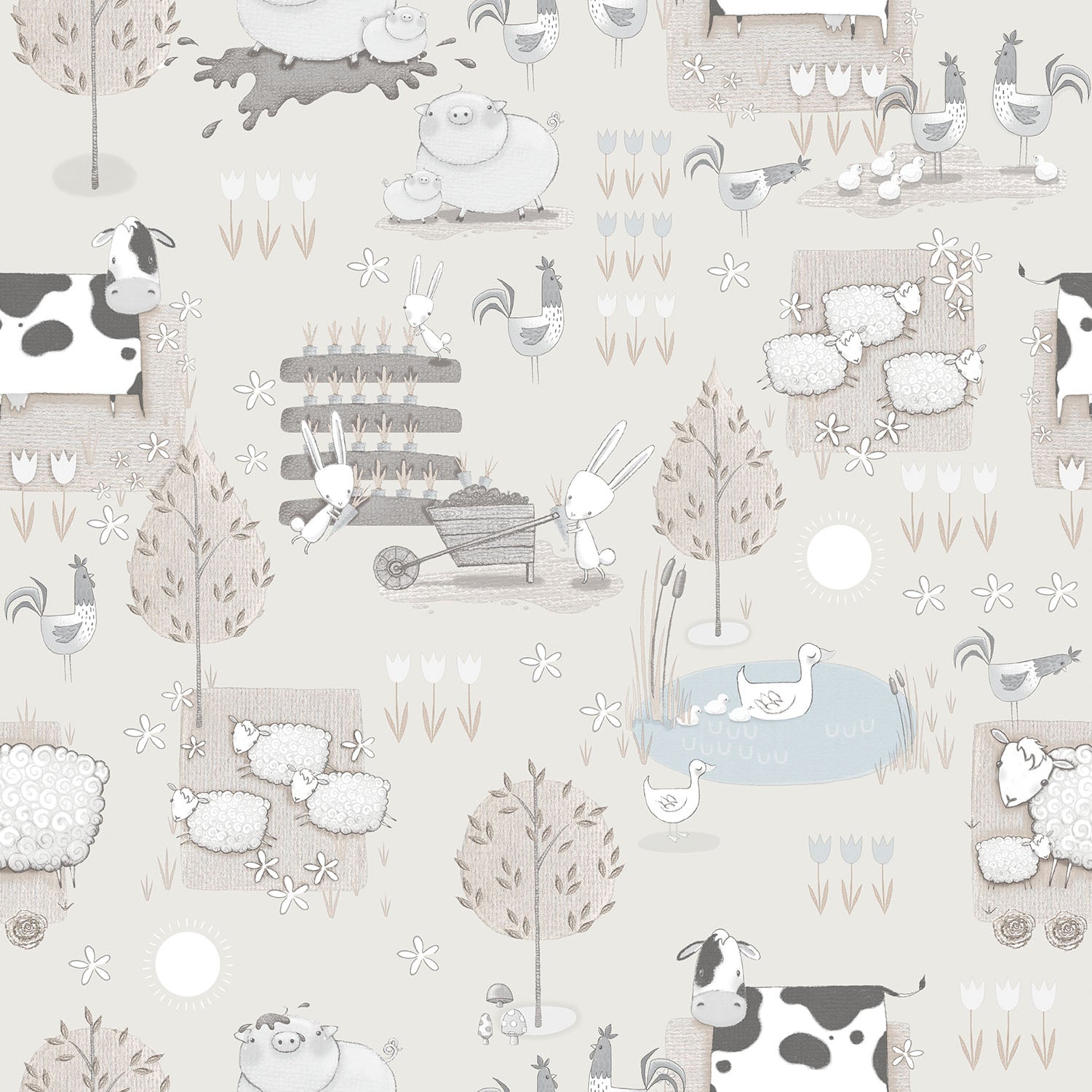 Farmland Greige Wallpaper from the Tiny Tots 2 Collection by Galerie Wallcoverings