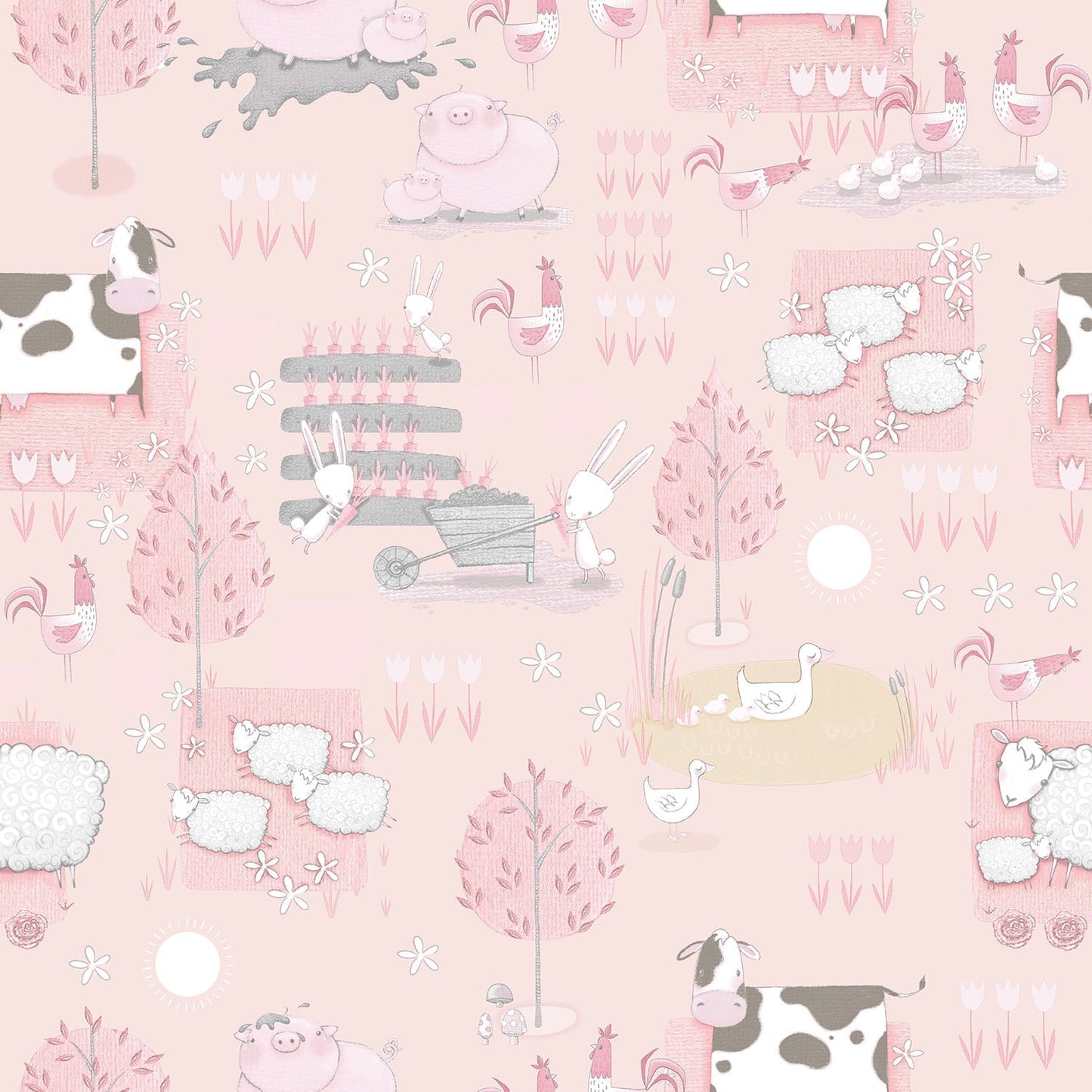 Farmland Pink/Grey Wallpaper from the Tiny Tots 2 Collection by Galerie Wallcoverings