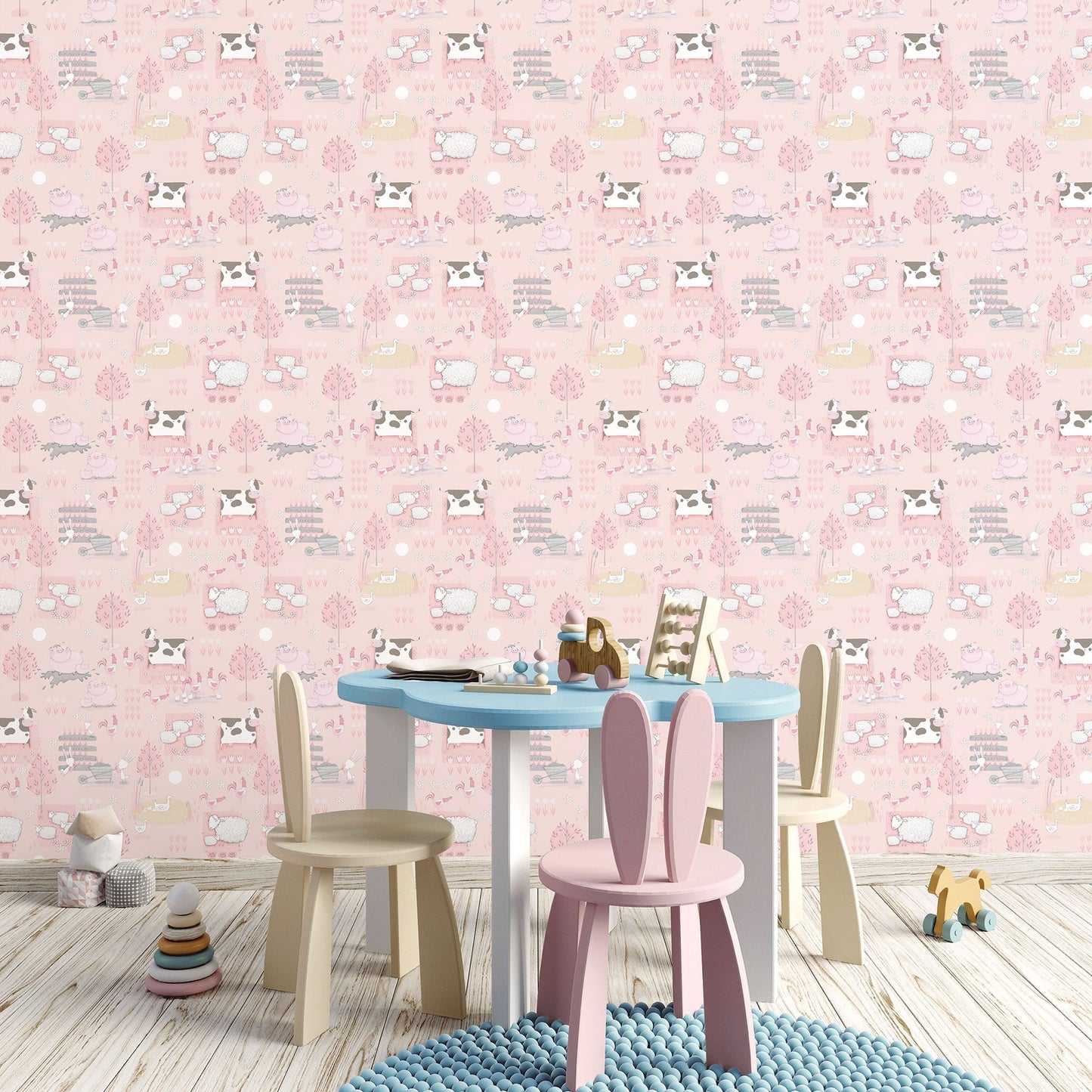 Farmland Pink/Grey Wallpaper from the Tiny Tots 2 Collection by Galerie Wallcoverings