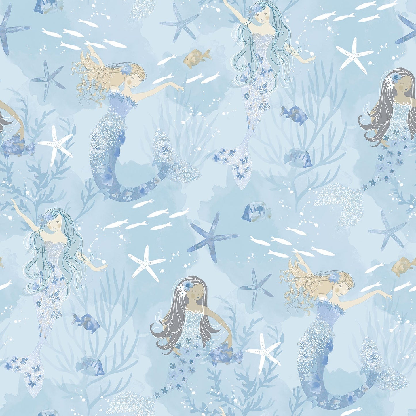Mermaids Blue/Glitter Wallpaper from the Tiny Tots 2 Collection by Galerie Wallcoverings