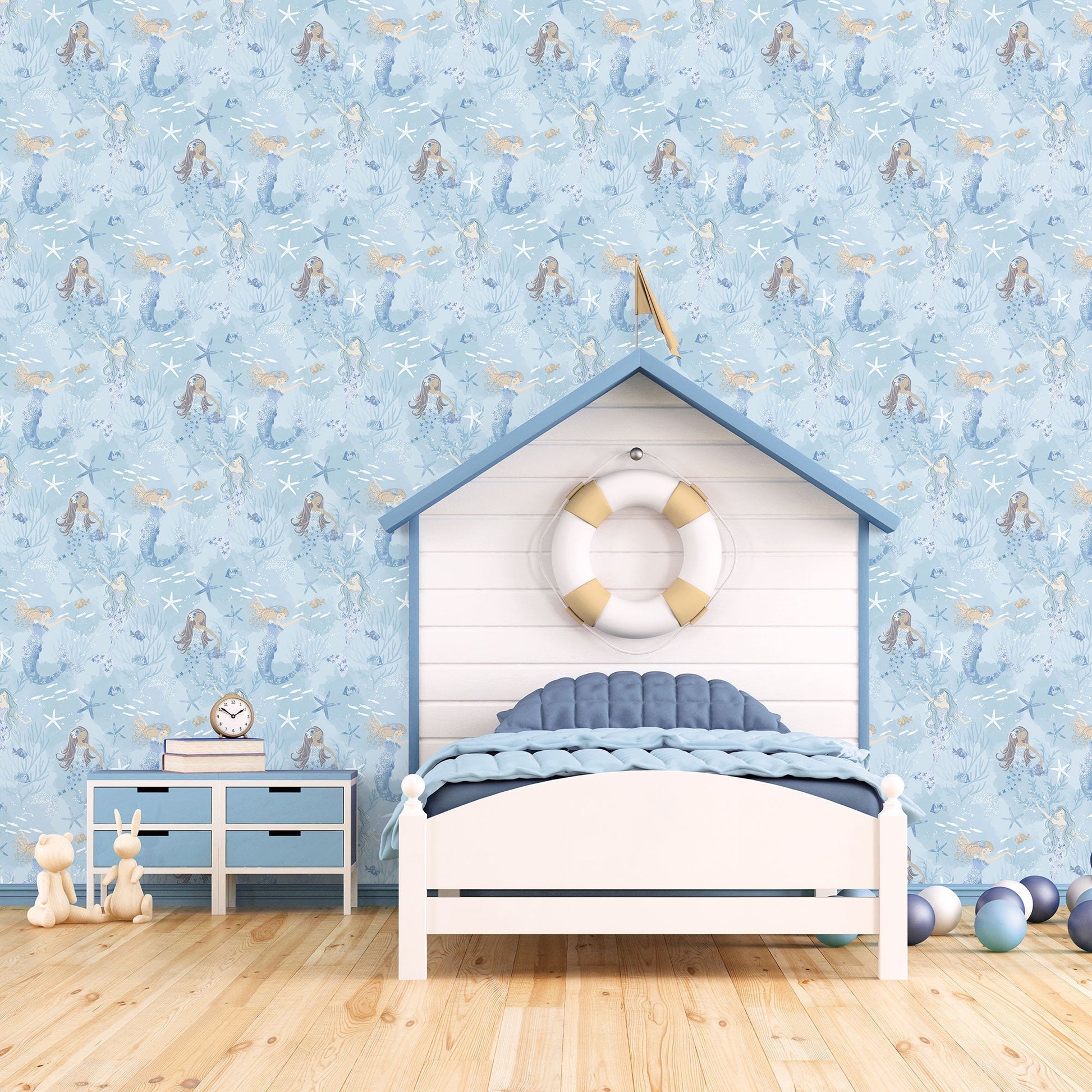 Mermaids Blue/Glitter Wallpaper from the Tiny Tots 2 Collection by Galerie Wallcoverings