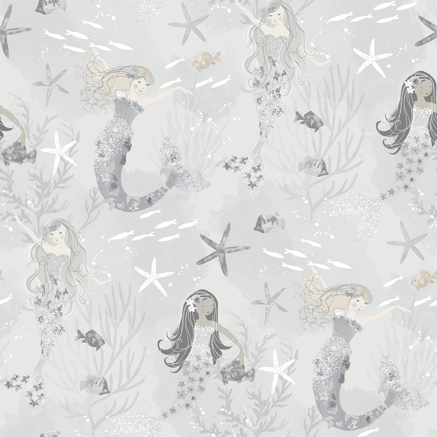 Mermaids Silver/Glitter Wallpaper from the Tiny Tots 2 Collection by Galerie Wallcoverings