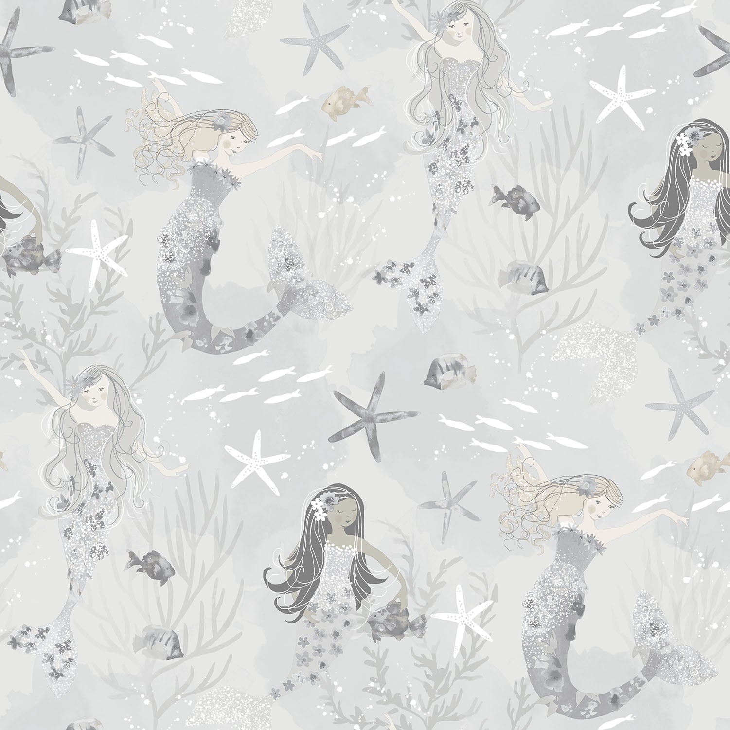 Mermaids Silver/Glitter Wallpaper from the Tiny Tots 2 Collection by Galerie Wallcoverings