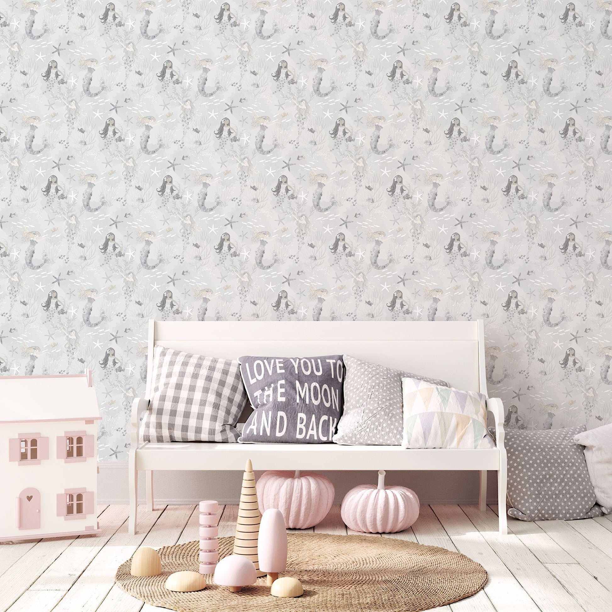 Mermaids Silver/Glitter Wallpaper from the Tiny Tots 2 Collection by Galerie Wallcoverings