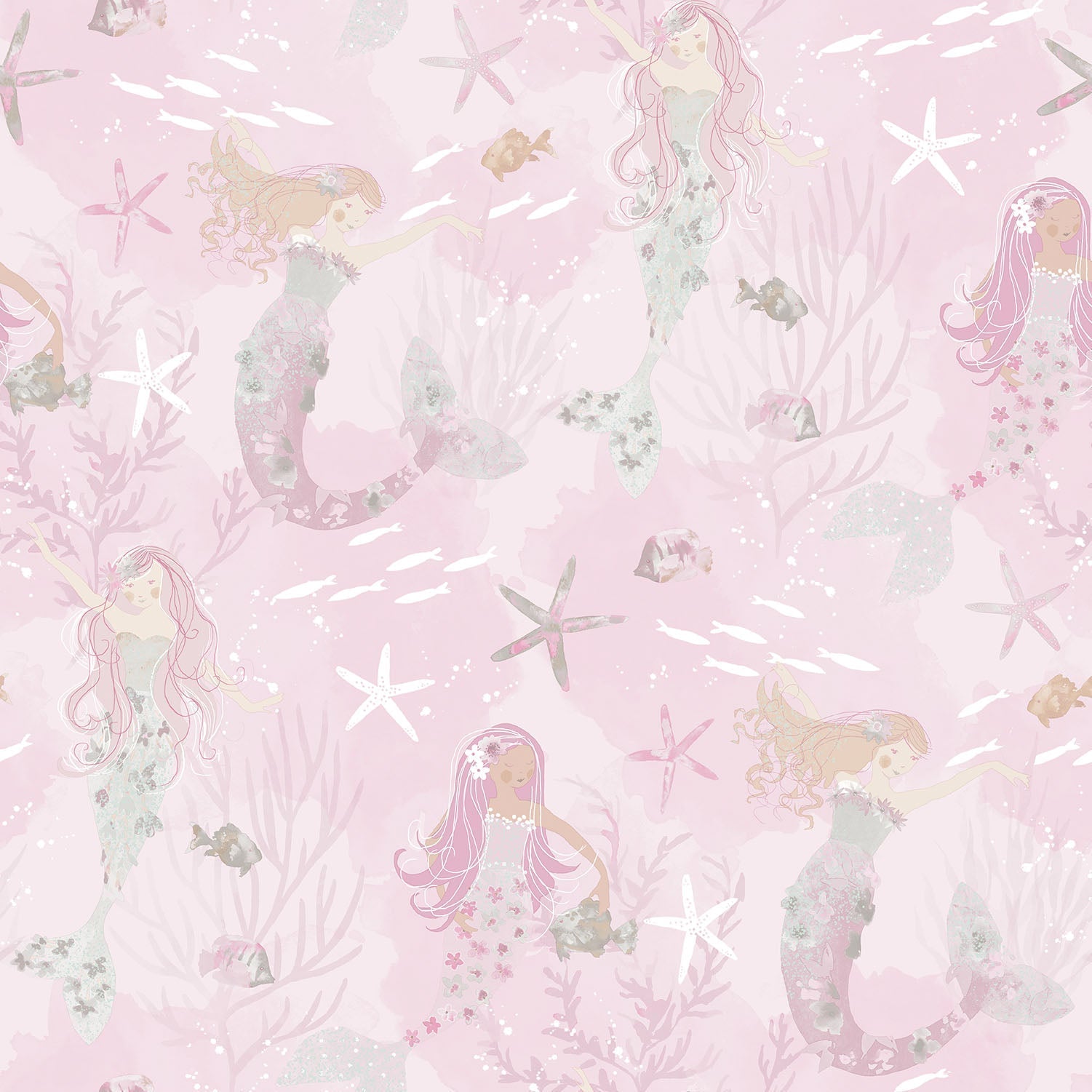 Mermaids Pink/Glitter Wallpaper from the Tiny Tots 2 Collection by Galerie Wallcoverings