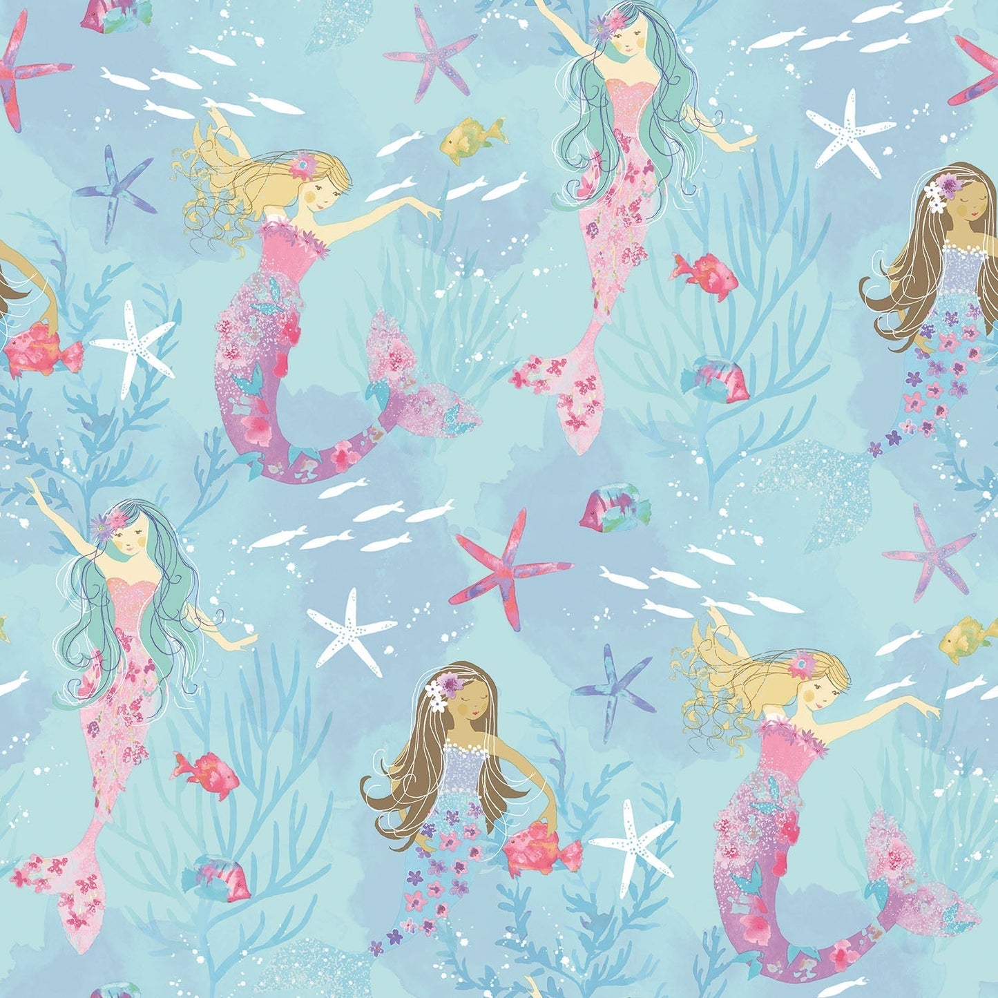 Mermaids Turquoise/Glitter Wallpaper from the Tiny Tots 2 Collection by Galerie Wallcoverings