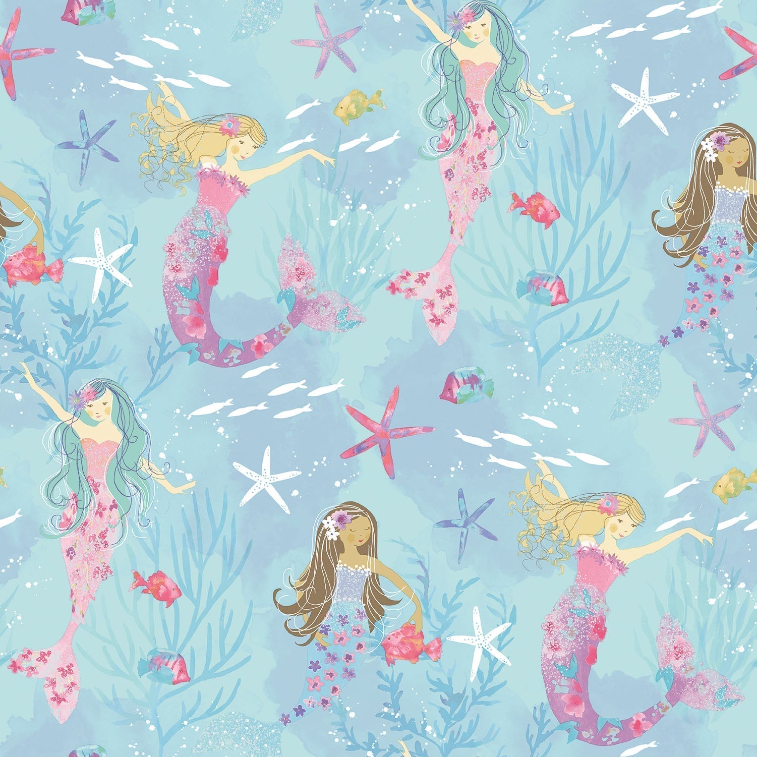 Mermaids Turquoise/Glitter Wallpaper from the Tiny Tots 2 Collection by Galerie Wallcoverings