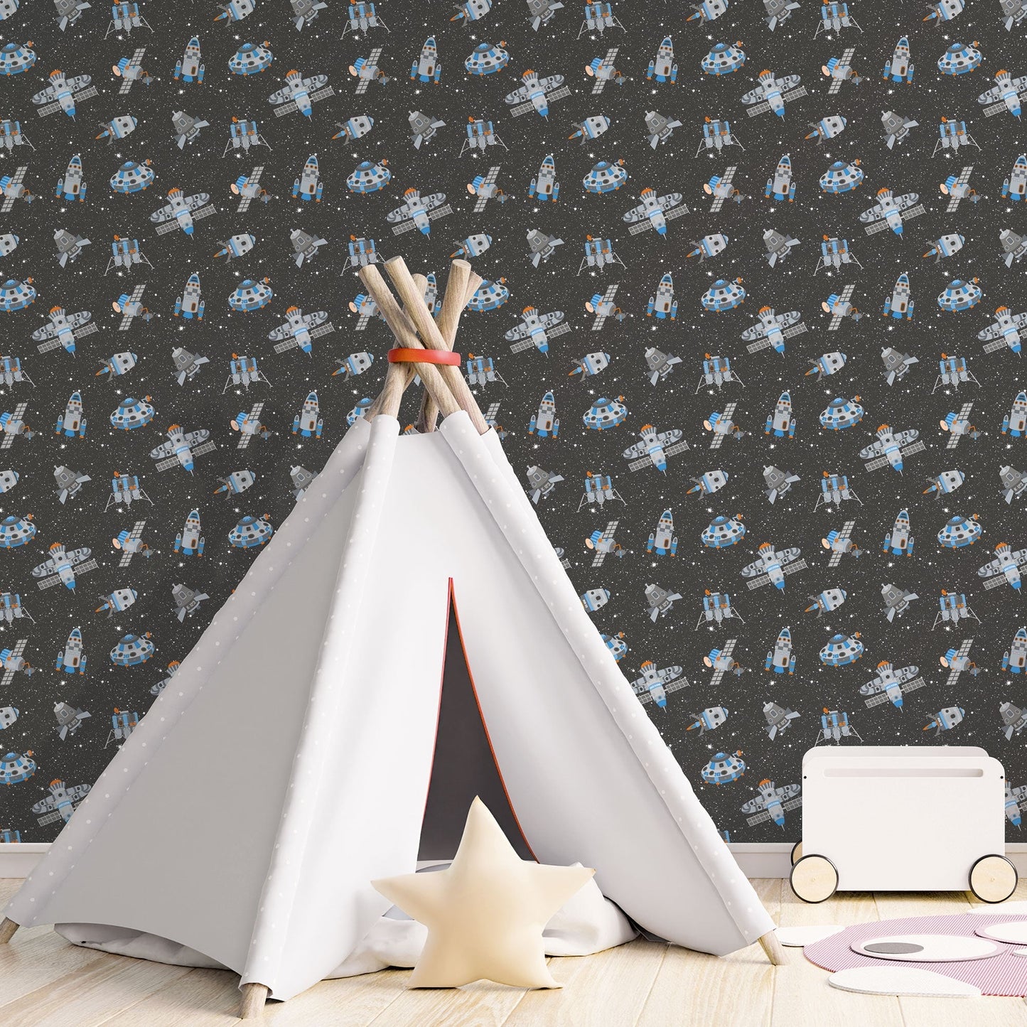 Spaceships Black Multi Wallpaper from the Tiny Tots 2 Collection by Galerie Wallcoverings