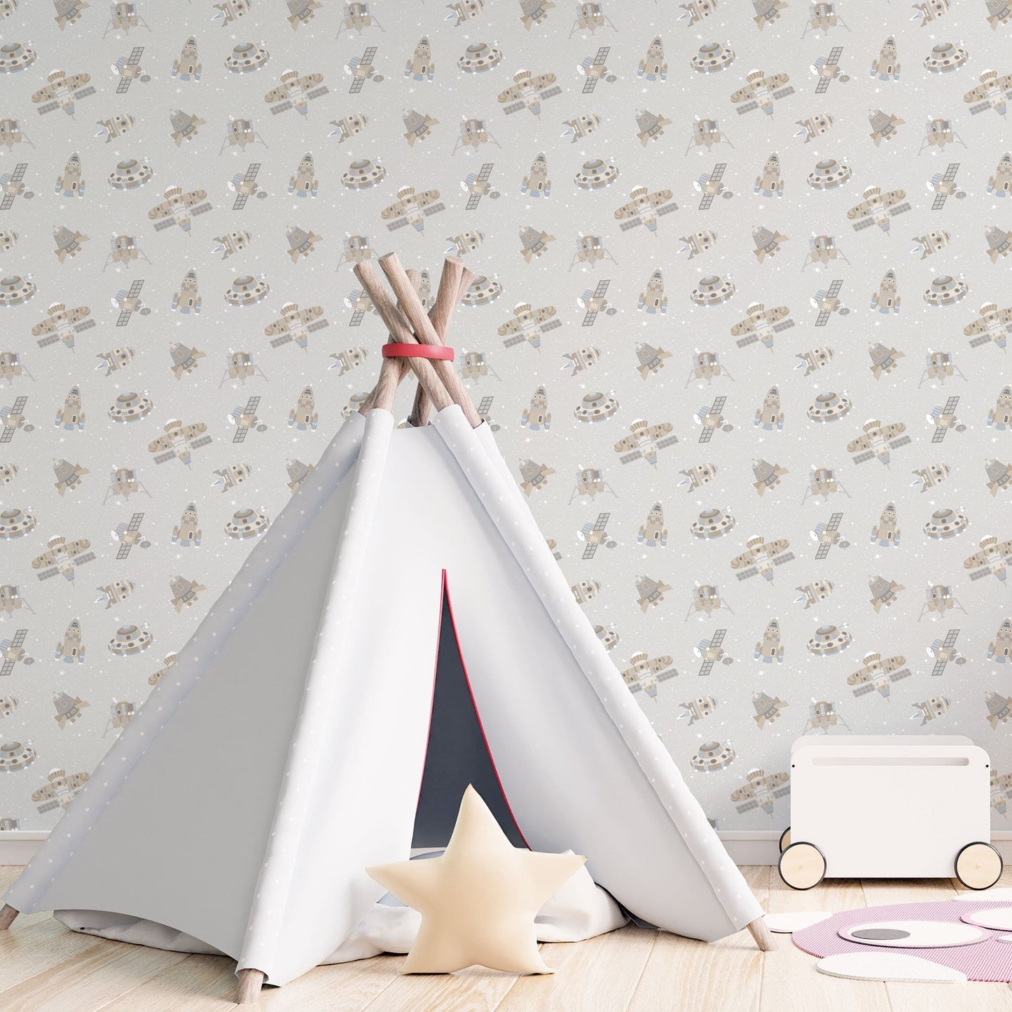 Spaceships Greige/Glitter Wallpaper from the Tiny Tots 2 Collection by Galerie Wallcoverings