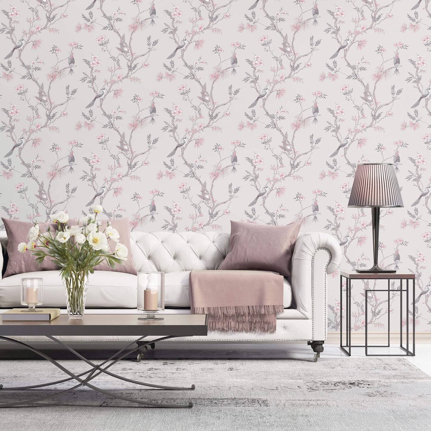 Classic Bird Trail Grey Wallpaper from the Secret Garden Collection by Galerie Wallcoverings