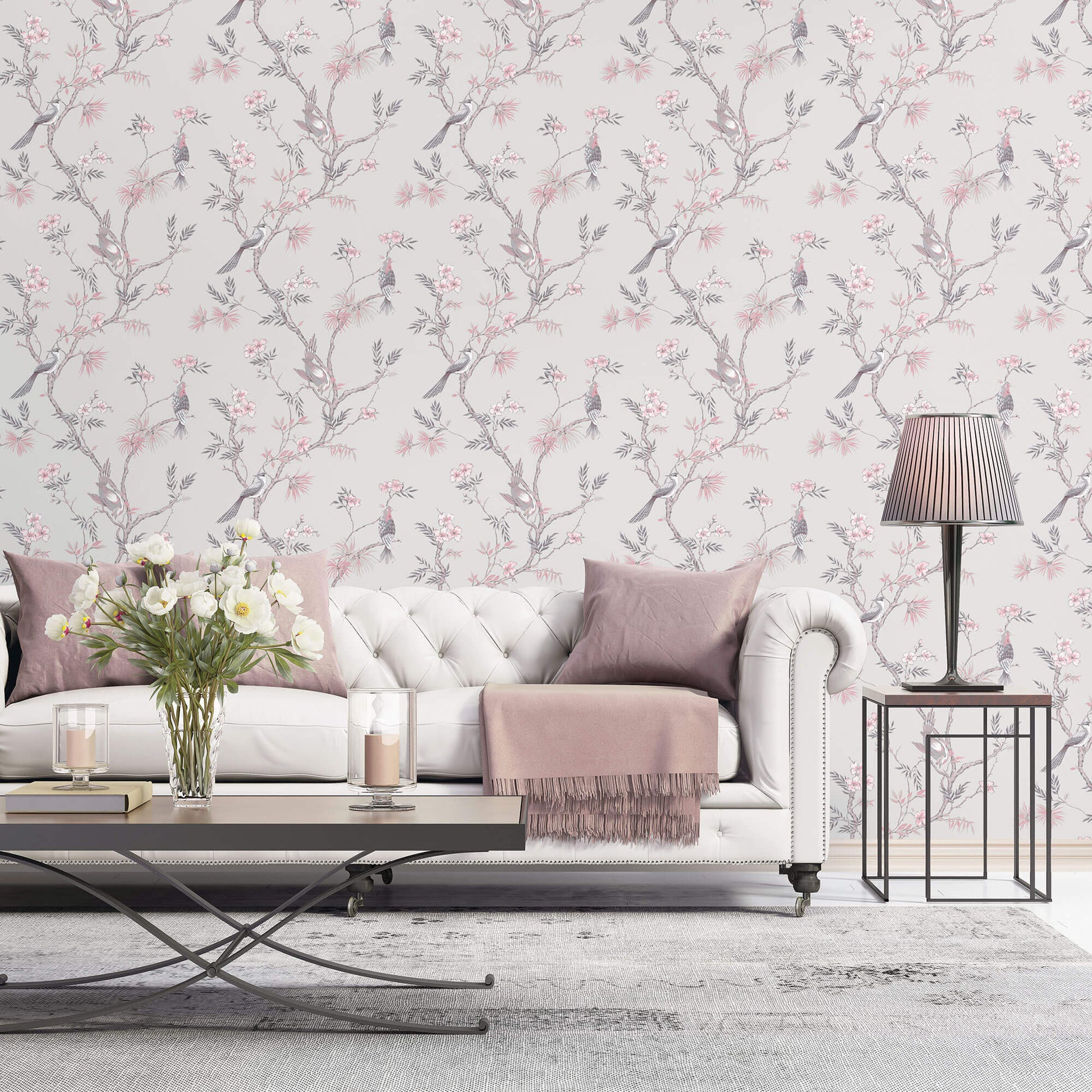 Classic Bird Trail Grey Wallpaper from the Secret Garden Collection by Galerie Wallcoverings