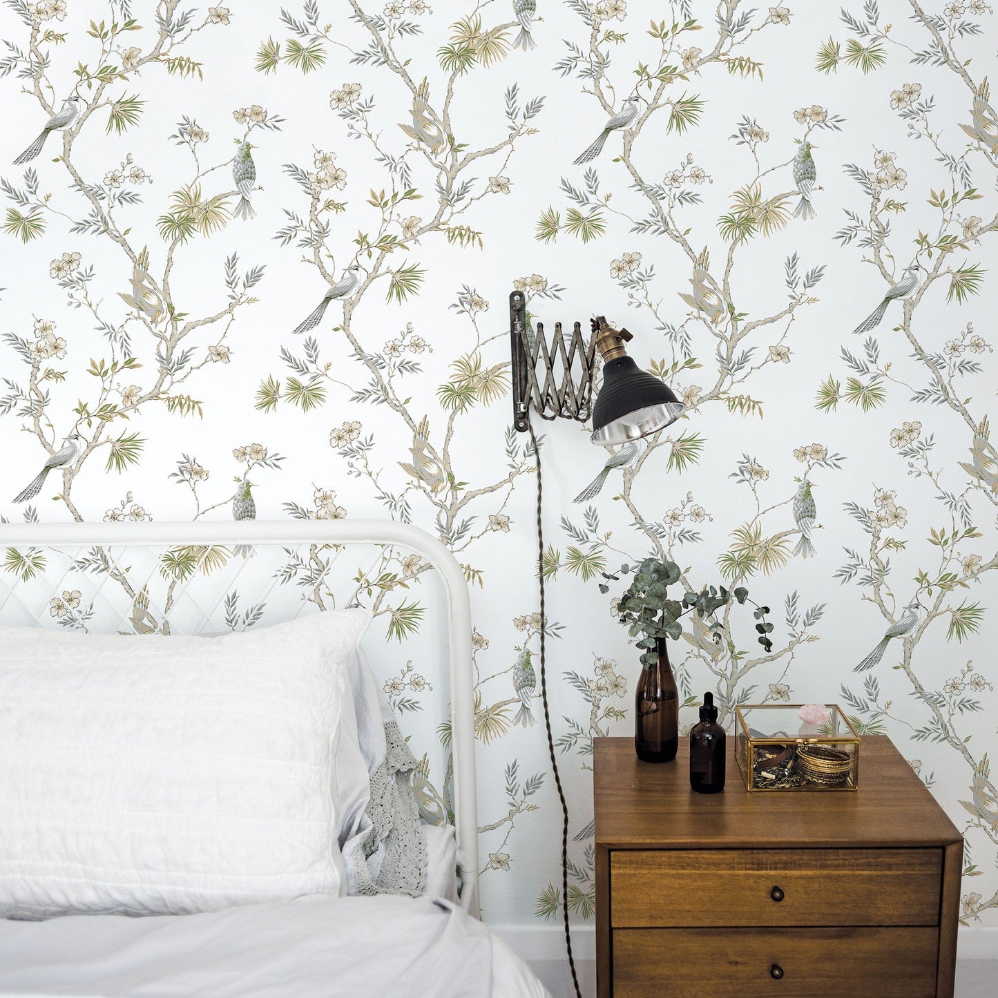 Classic Bird Trail White Wallpaper from the Secret Garden Collection by Galerie Wallcoverings