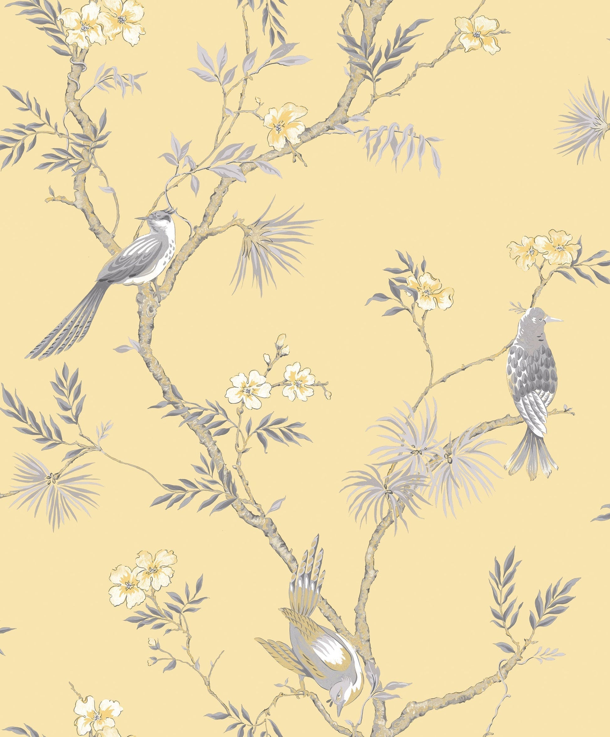 Classic Bird Trail Yellow Wallpaper from the Secret Garden Collection by Galerie Wallcoverings