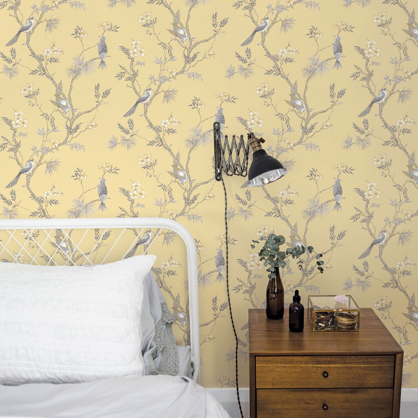 Classic Bird Trail Yellow Wallpaper from the Secret Garden Collection by Galerie Wallcoverings