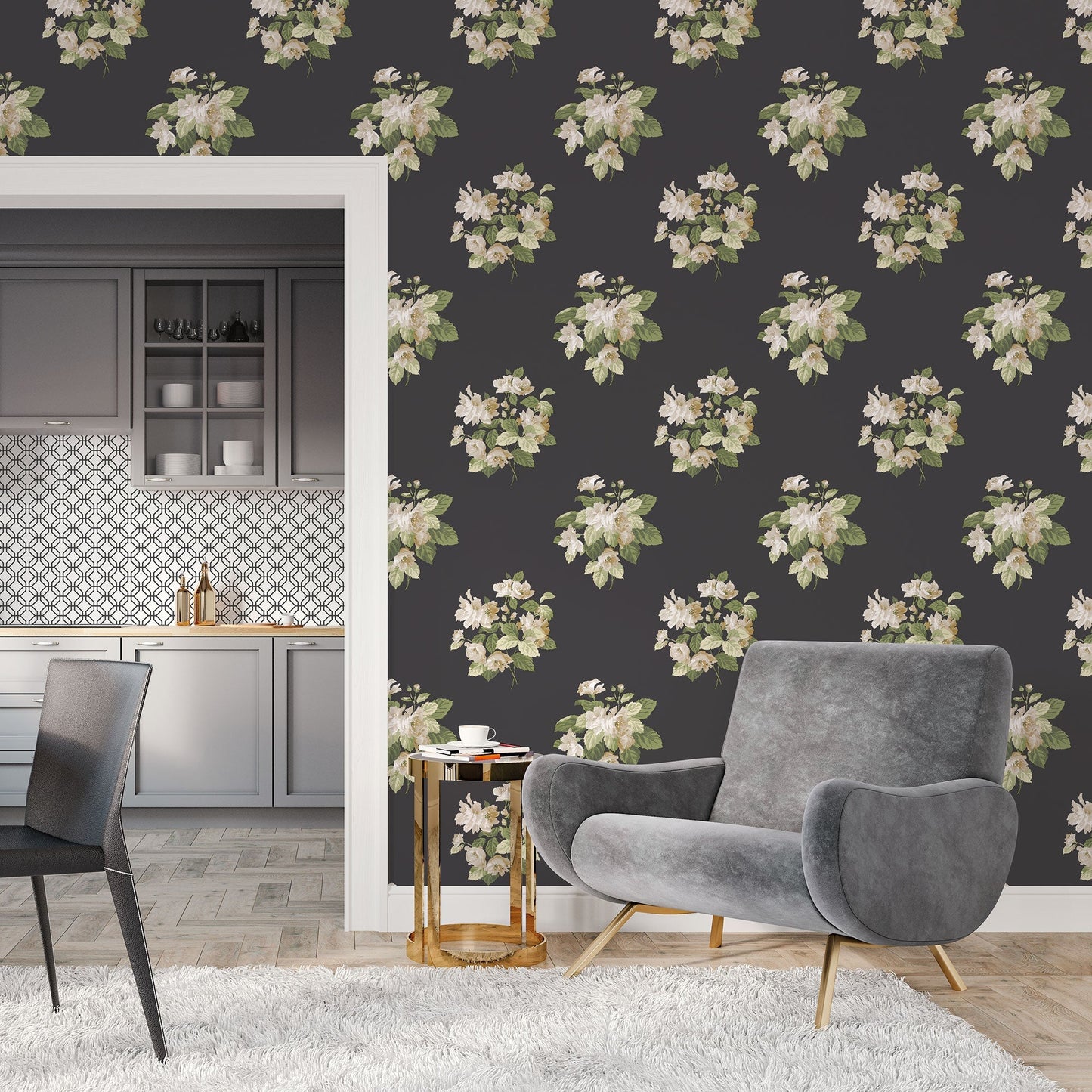 Classic Bouquet Black Wallpaper from the Secret Garden Collection by Galerie Wallcoverings