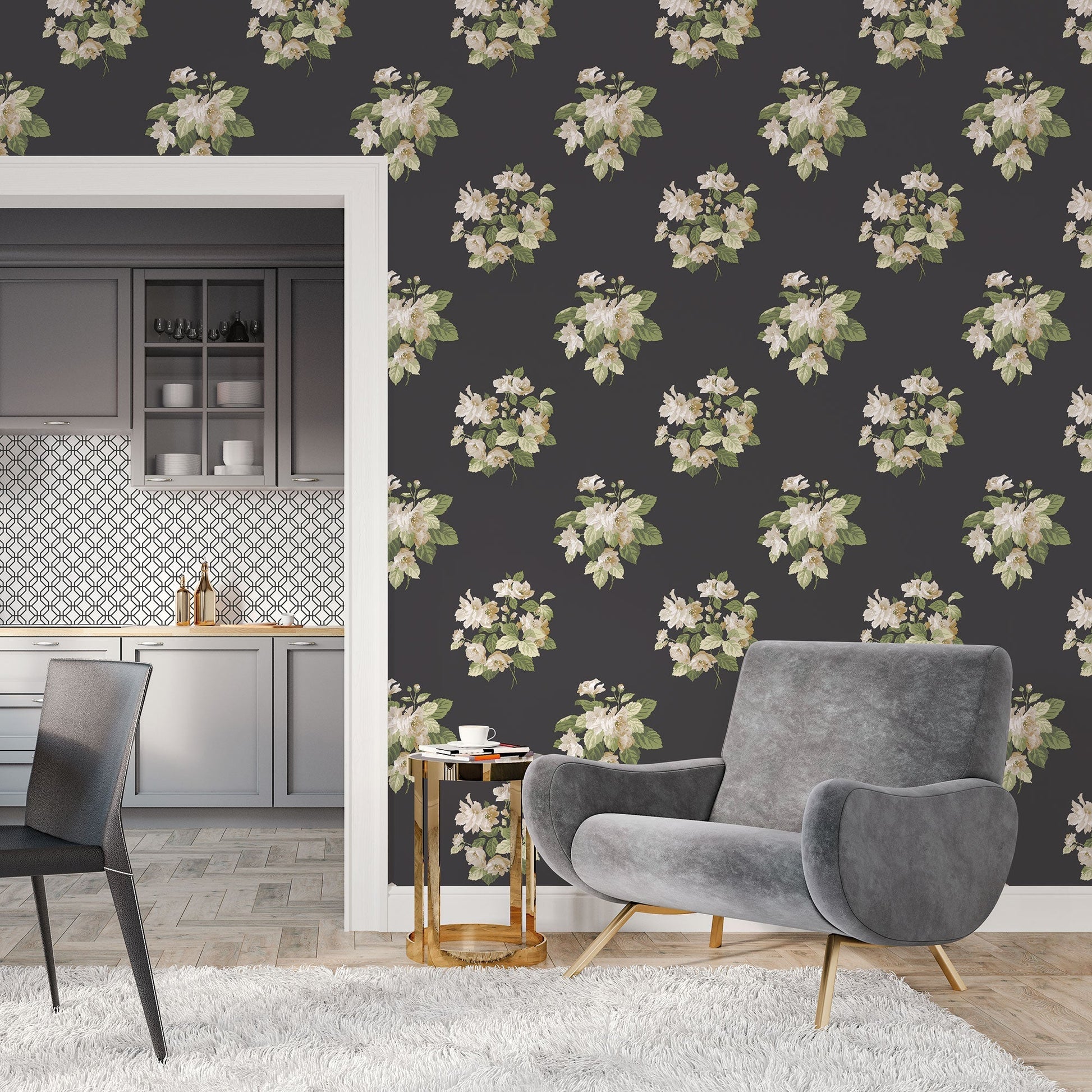Classic Bouquet Black Wallpaper from the Secret Garden Collection by Galerie Wallcoverings