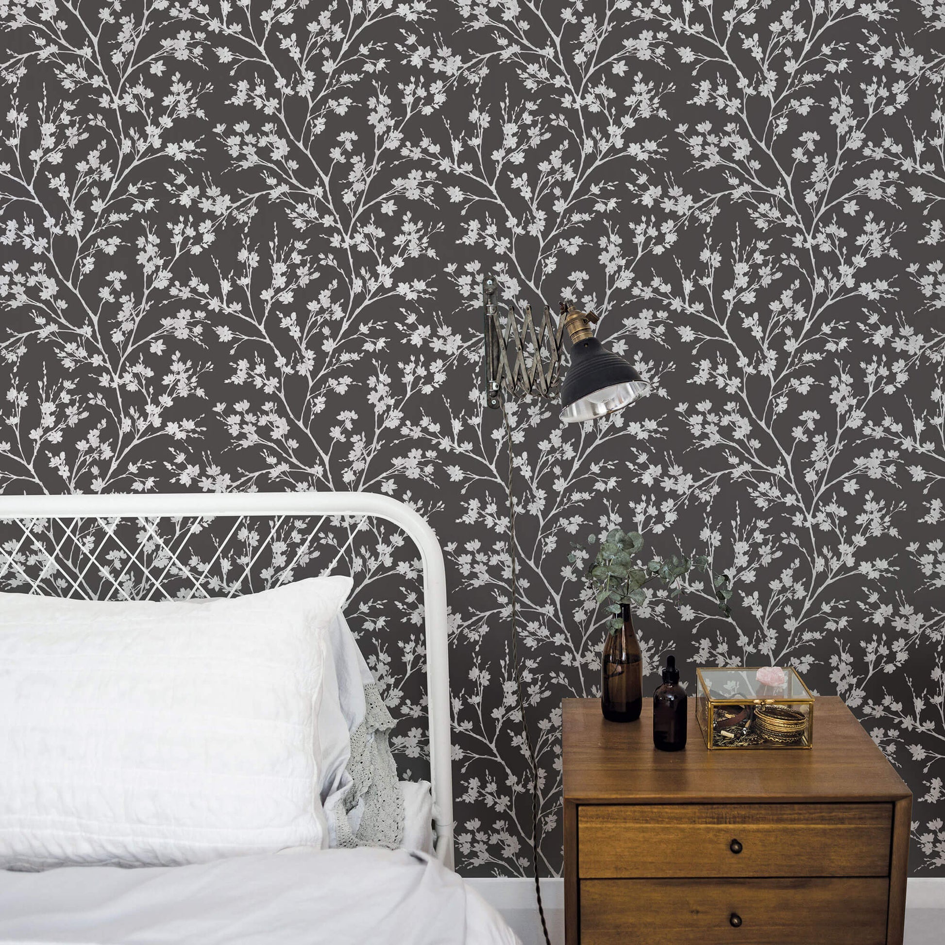 Wispy Branches Black Wallpaper from the Secret Garden Collection by Galerie Wallcoverings