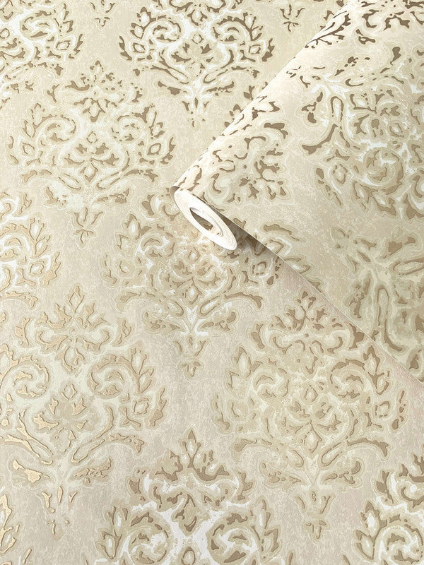 Modern Damask Mottled Wallpaper in Gold/Beige
