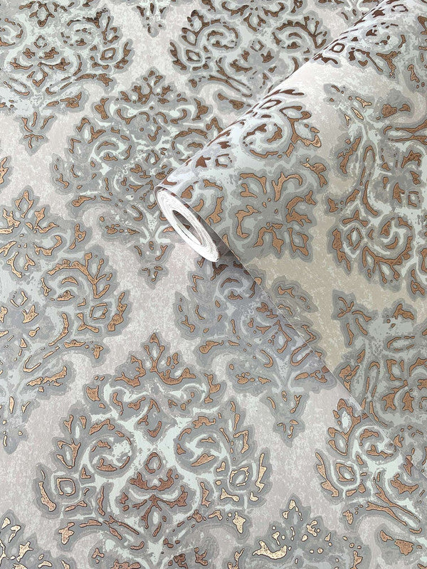 Modern Damask Mottled Wallpaper in Rose Gold