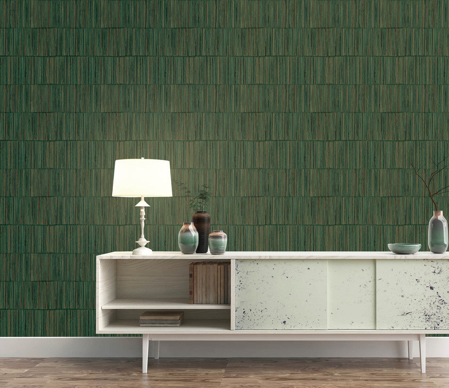 Bamboo Stripe Wallpaper in Dark Green/Gold