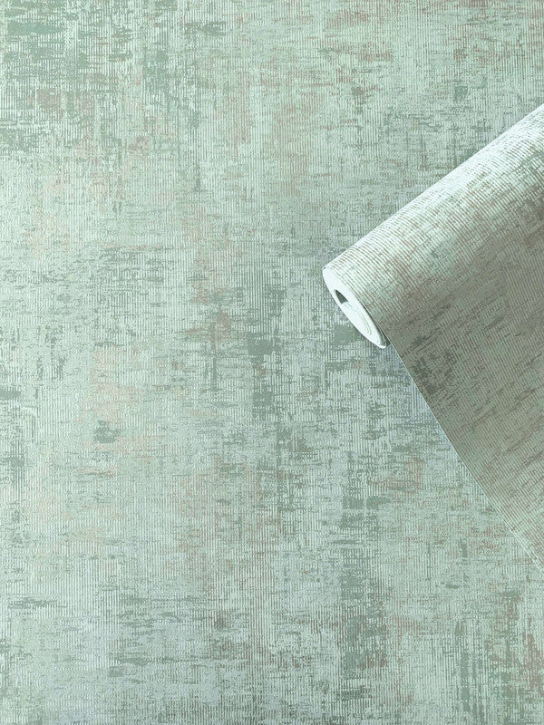 Distressed Plaster Wallpaper in Green/Silver Grey