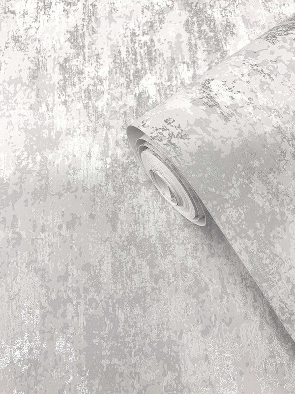 Distressed Plaster Wallpaper in Silver Grey/Cream