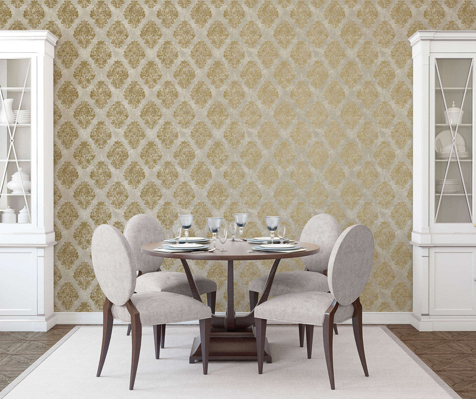 Metallic Damask Mottled Wallpaper in Gold/Beige