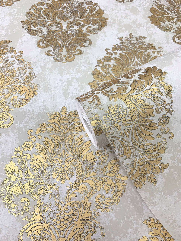 Metallic Damask Mottled Wallpaper in Gold/Beige