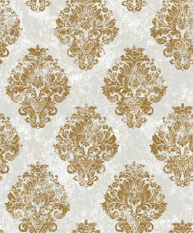 Metallic Damask Mottled Wallpaper in Gold/Beige