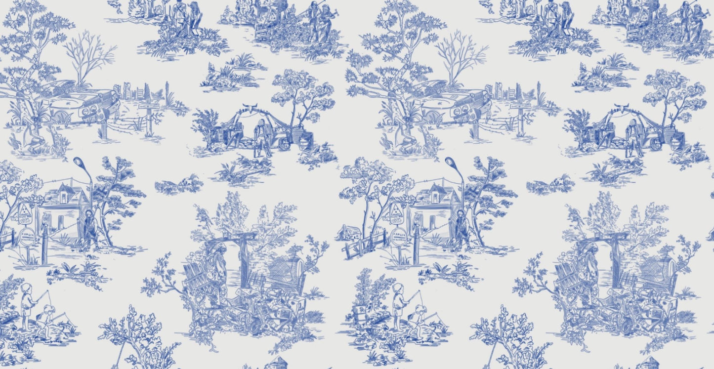 Apocalypse Toile Wallpaper in White/Cobalt