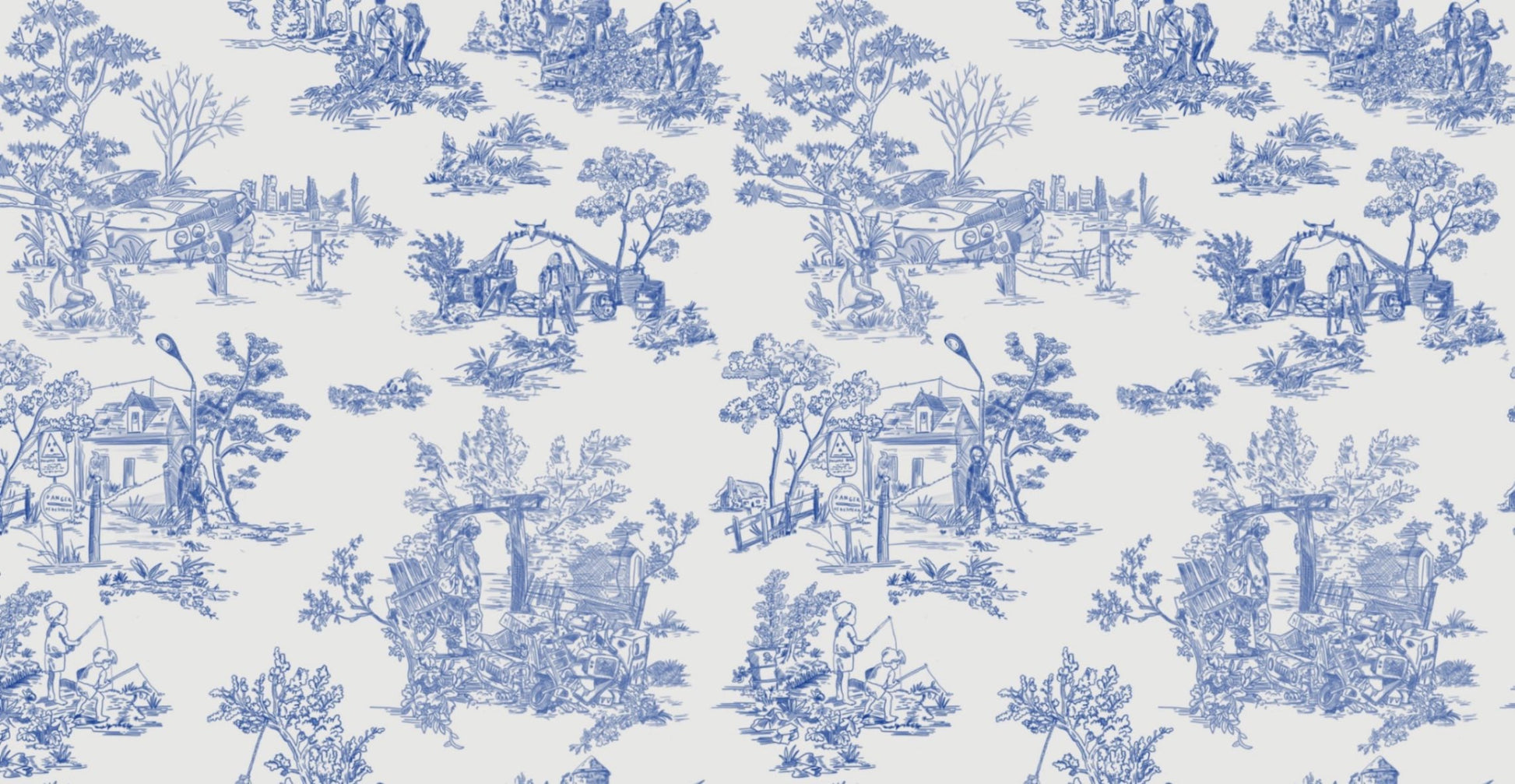 Apocalypse Toile Wallpaper in White/Cobalt