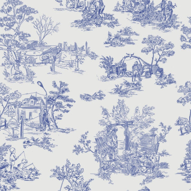 Sample Apocalypse Toile Wallpaper in White/Cobalt