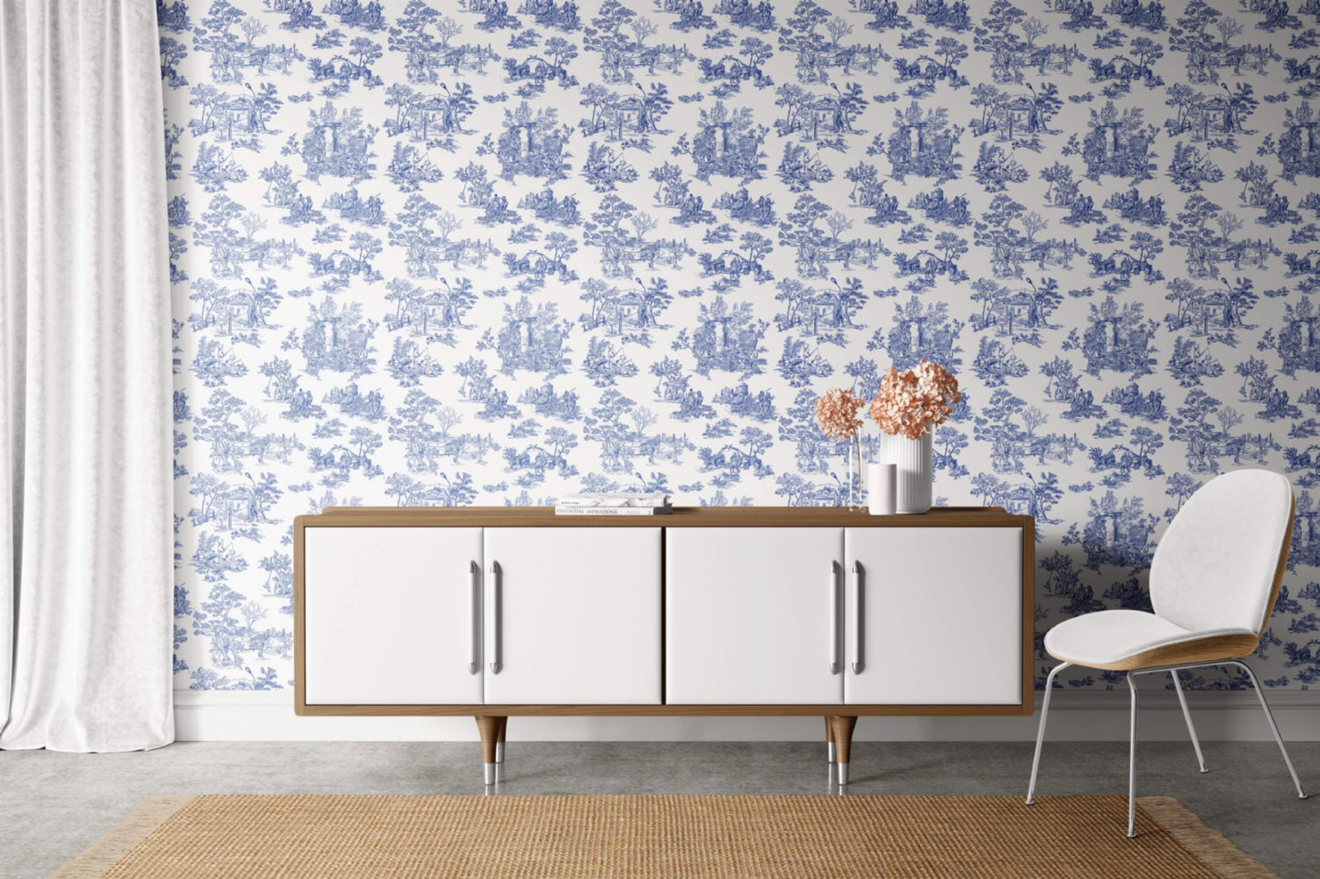 Apocalypse Toile Wallpaper in White/Cobalt