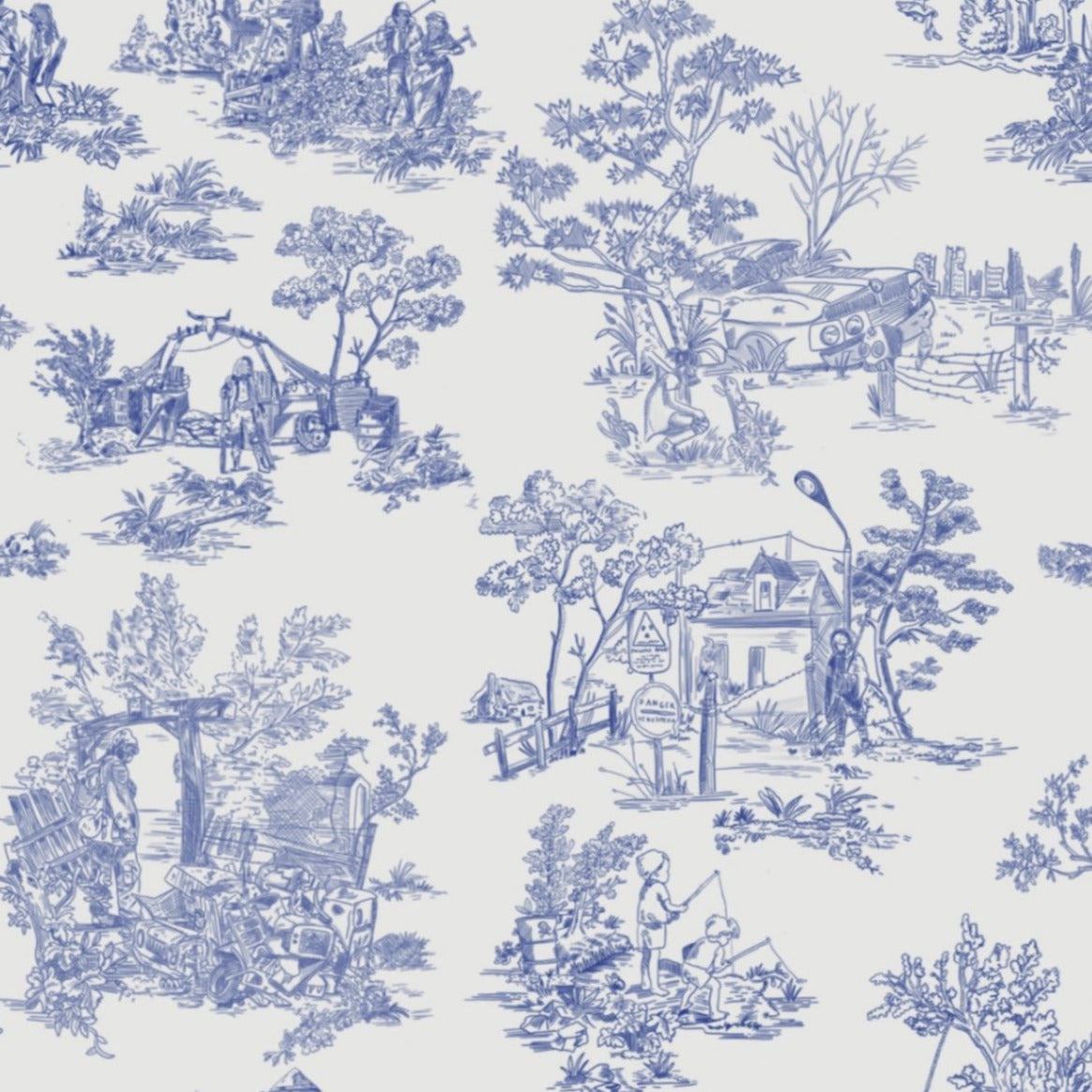 Apocalypse Toile Wallpaper in White/Cobalt