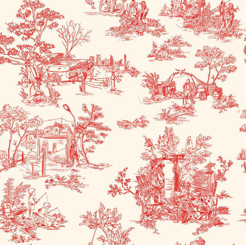 Apocalypse Toile Wallpaper in Swiss Coffee/Red