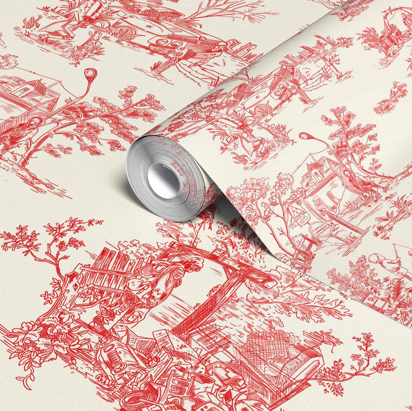 Apocalypse Toile Wallpaper in Swiss Coffee/Red