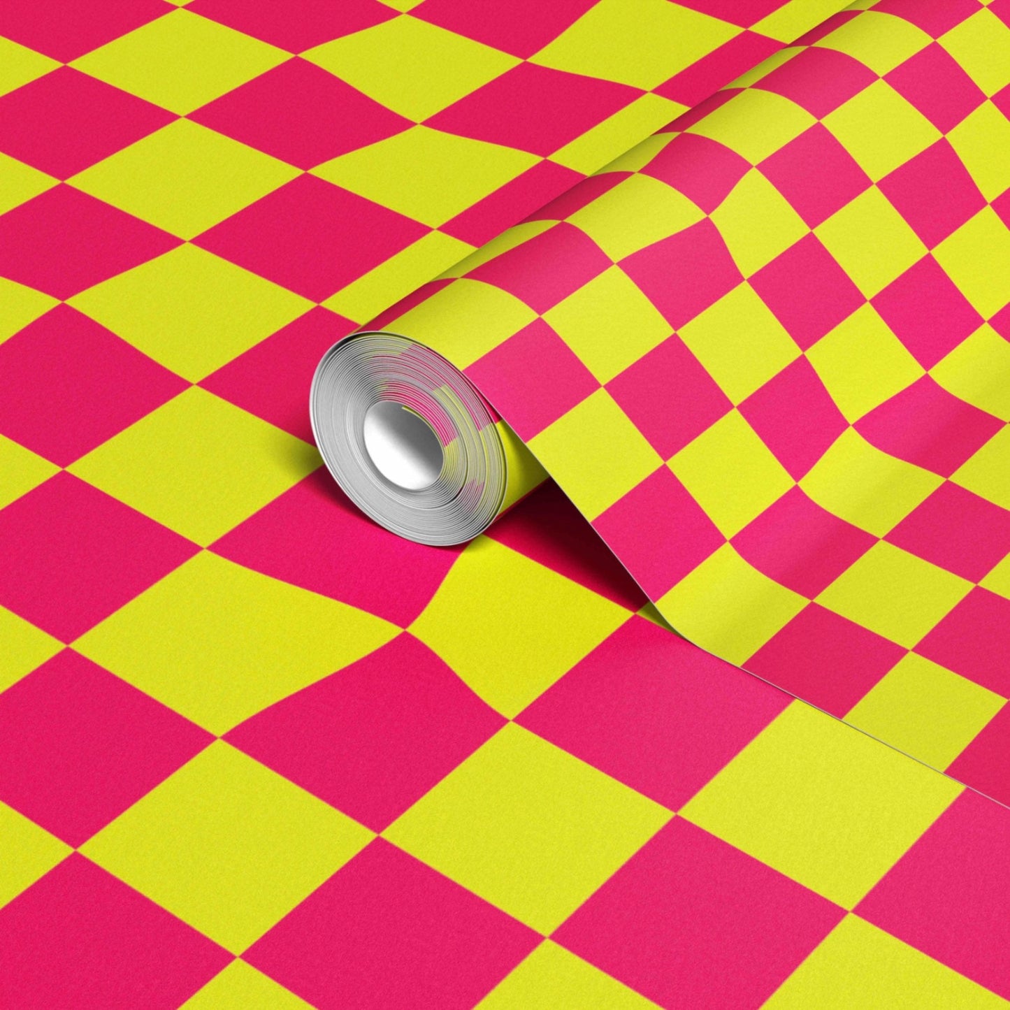 Warped Checkerboard Wallpaper in Highlighter/Pink
