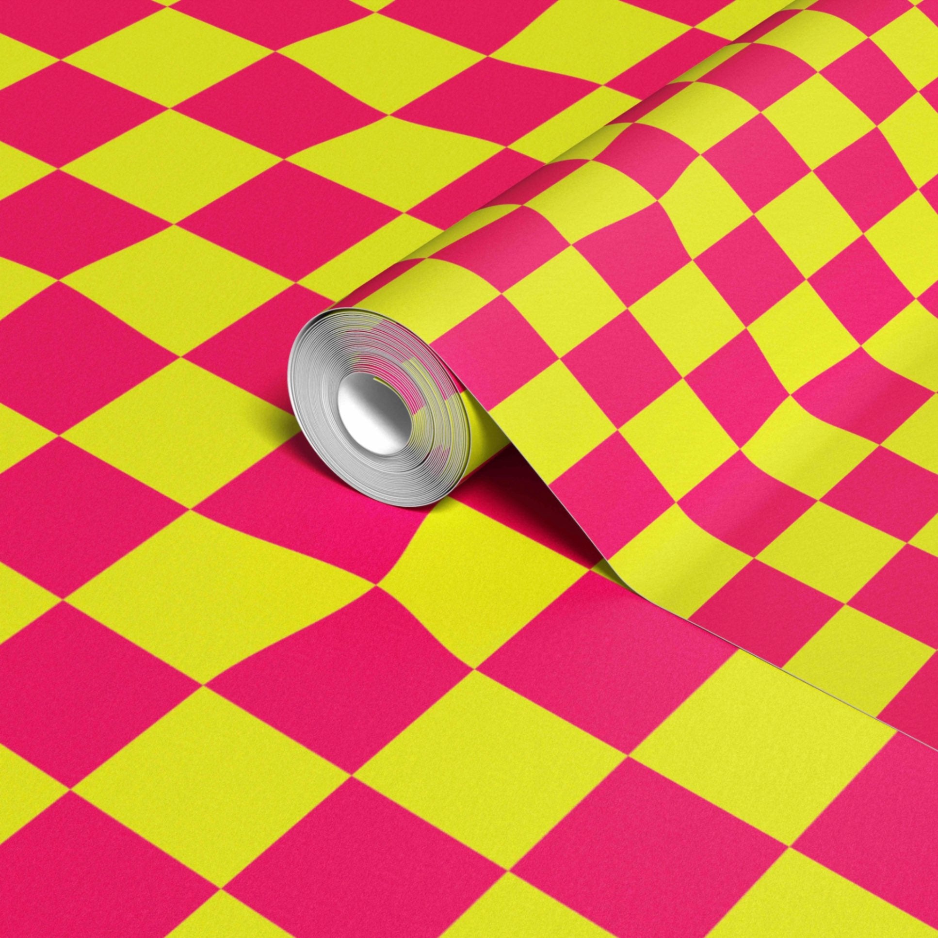 Warped Checkerboard Wallpaper in Highlighter/Pink