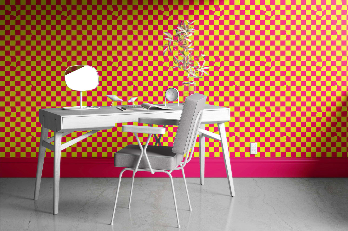 Warped Checkerboard Wallpaper in Highlighter/Pink