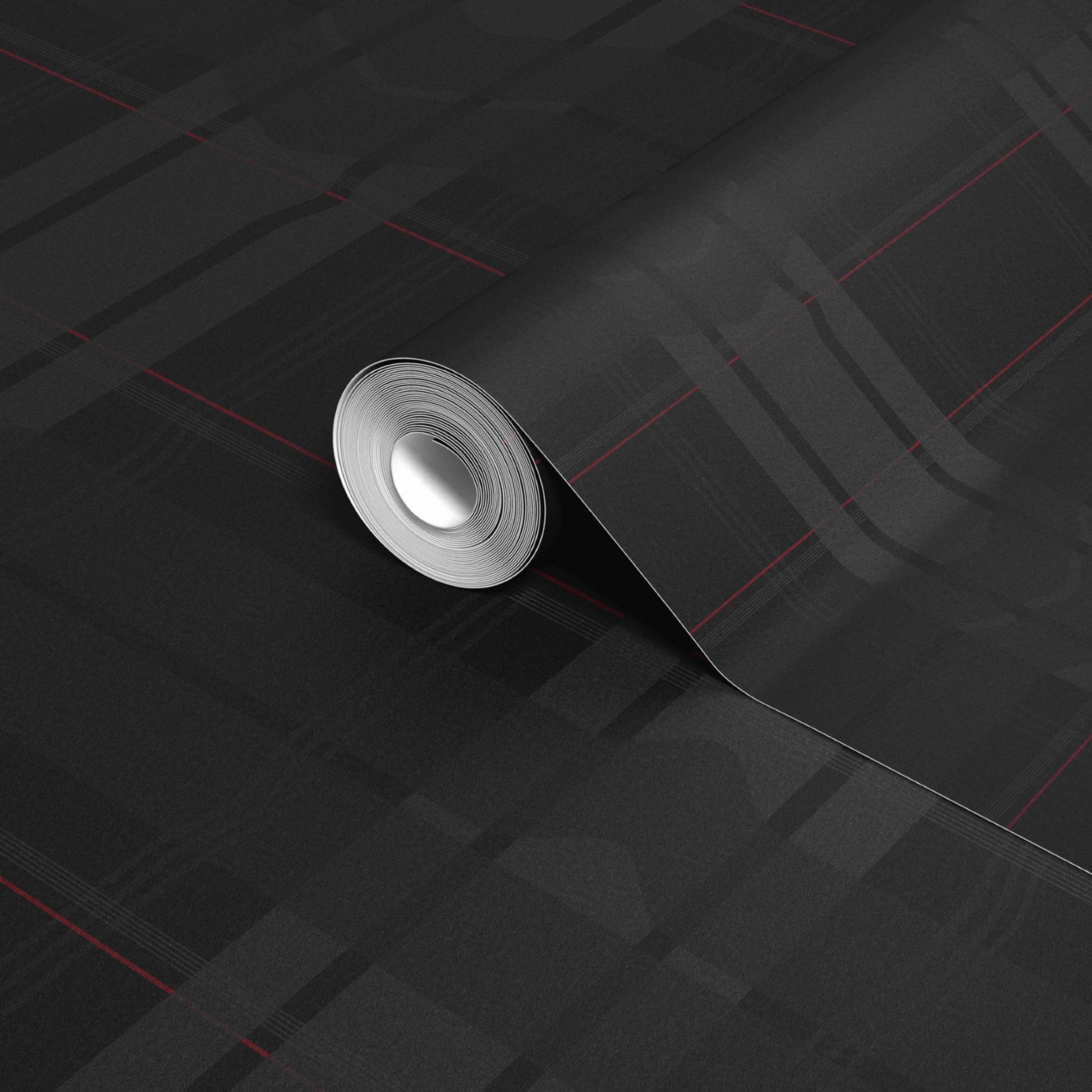 Warped Plaid Wallpaper in Black/Black/Red