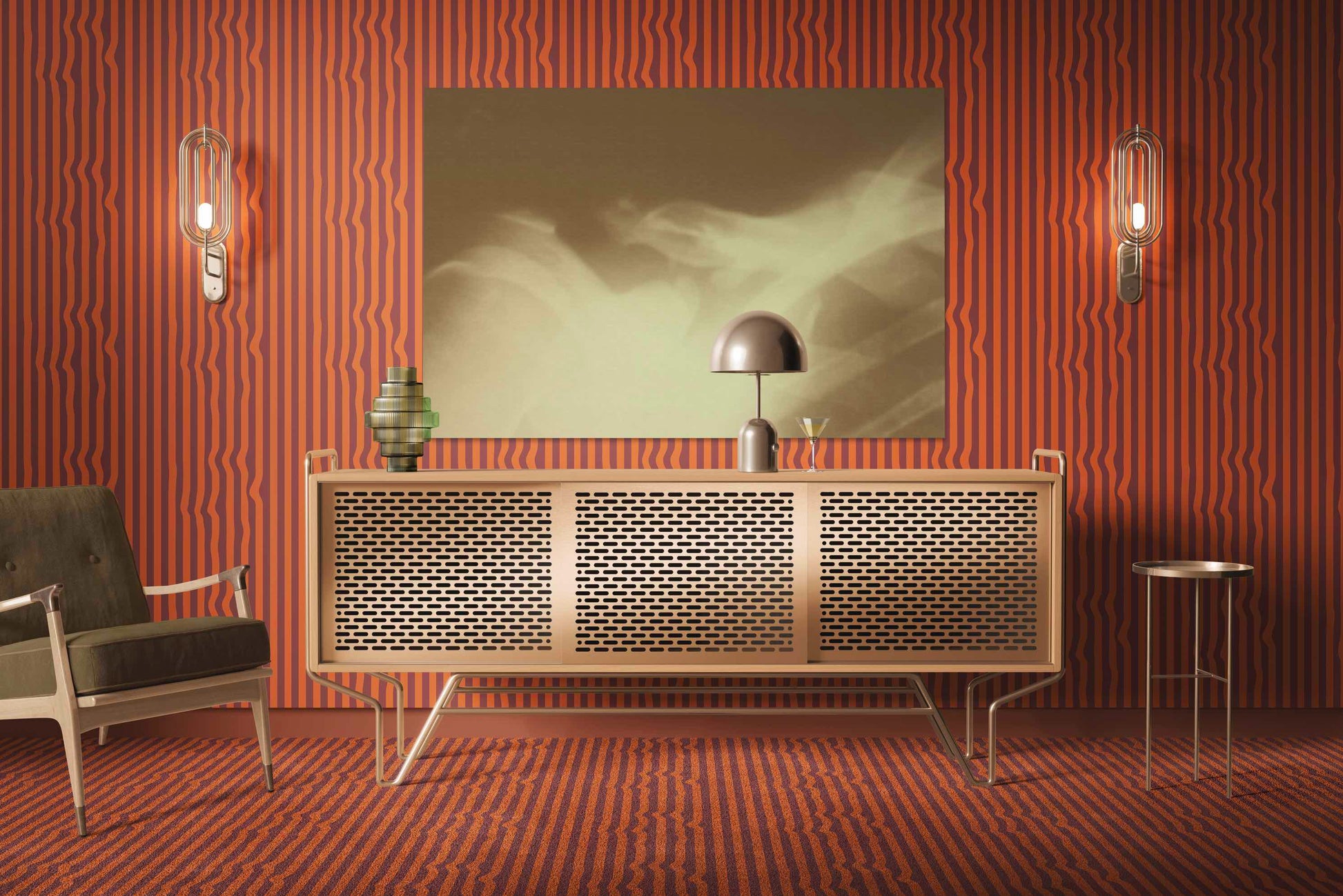 Warped Vertical Stripe Wallpaper in Orange/Maroon