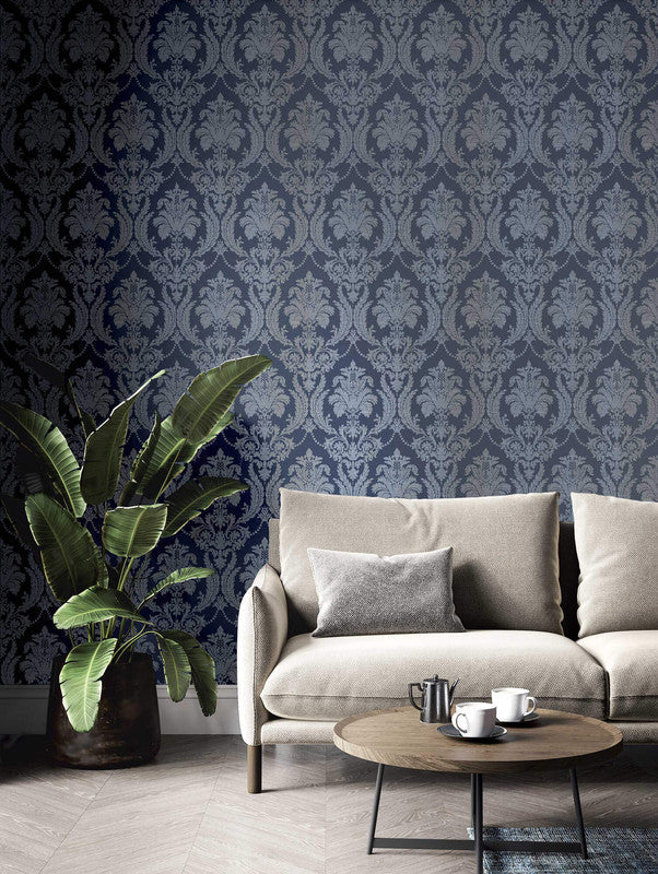 Italian Style Damask Wallpaper in Blue/Cream